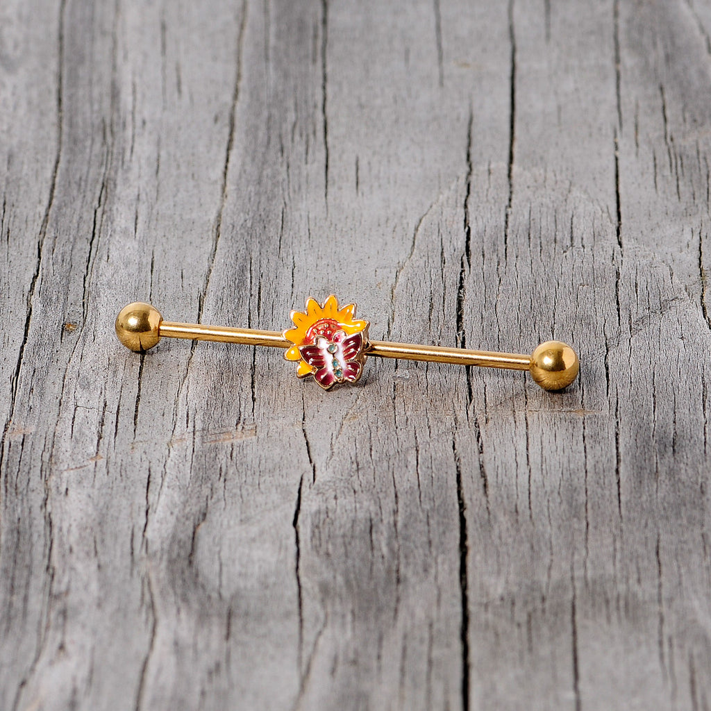 BodyCandy 14G Gold Tone Red Yellow Butterfly Flower Industrial Barbell 38mm — back view
