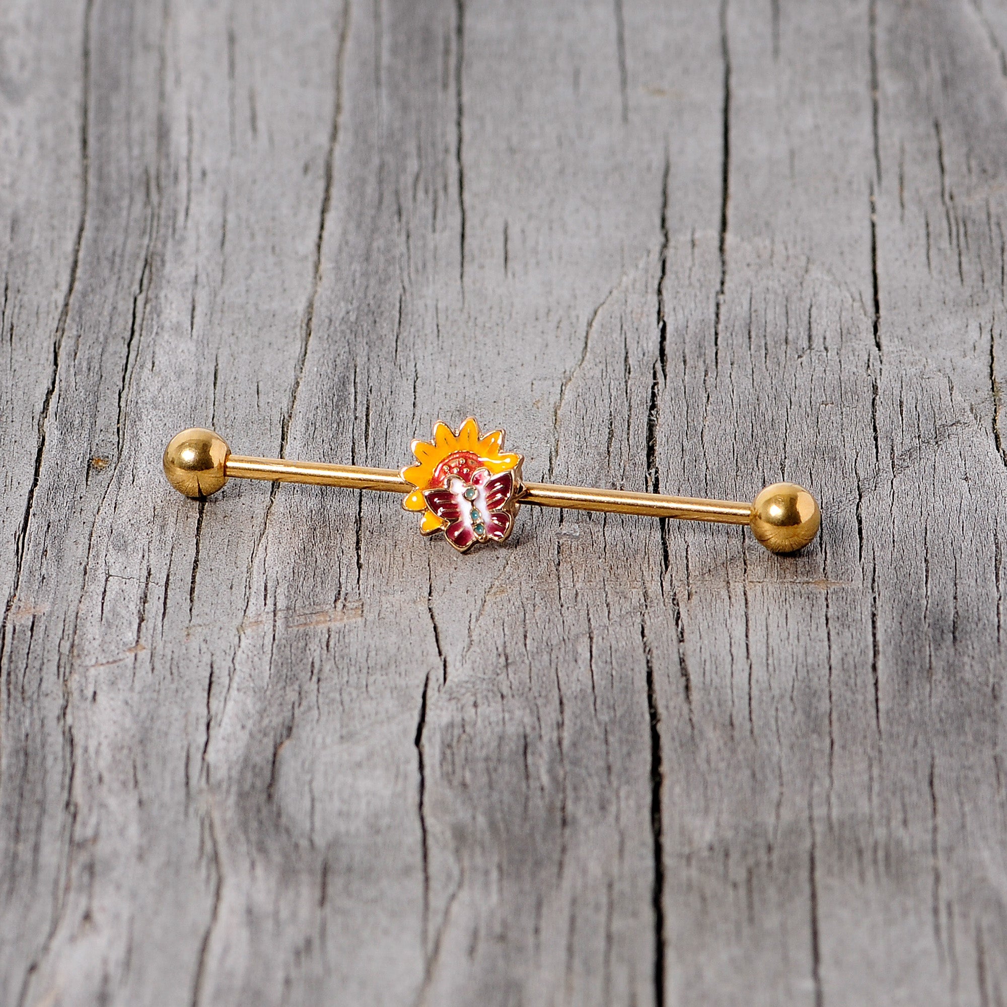 BodyCandy 14G Gold Tone Red Yellow Butterfly Flower Industrial Barbell 38mm — back view