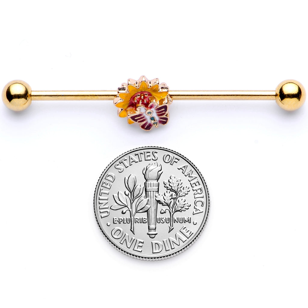 BodyCandy 14G Gold Tone Red Yellow Butterfly Flower Industrial Barbell 38mm — alternative angle