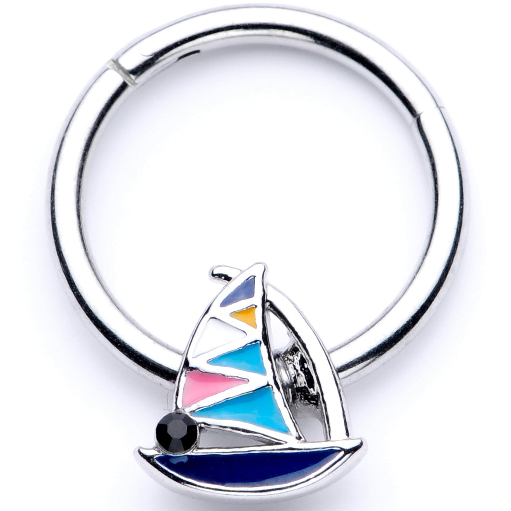 BodyCandy 16G 3/8 Black Gem Pink Teal Nautical Sailboat Hinged Segment Ring — main product shot