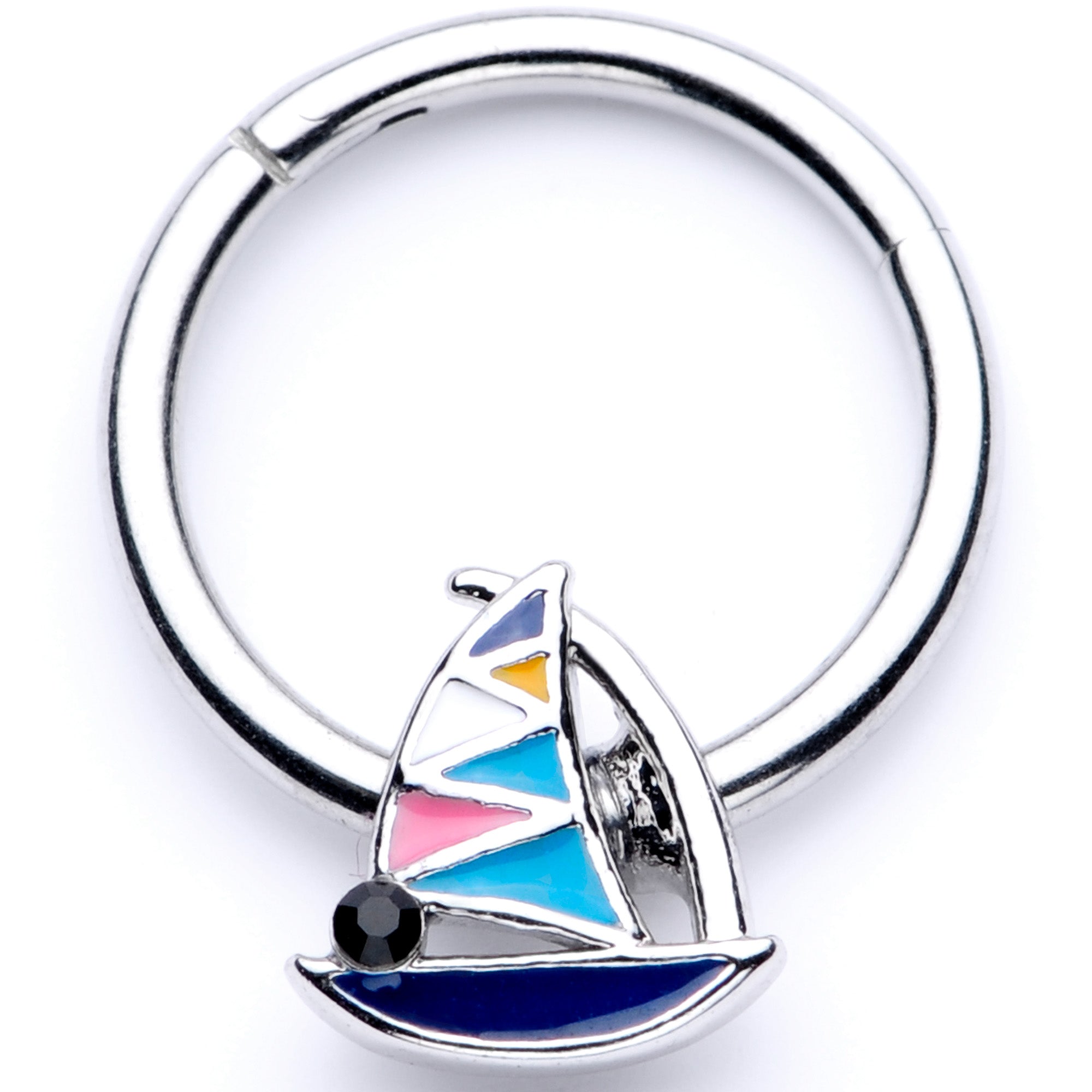 BodyCandy 16G 3/8 Black Gem Pink Teal Nautical Sailboat Hinged Segment Ring — main product shot