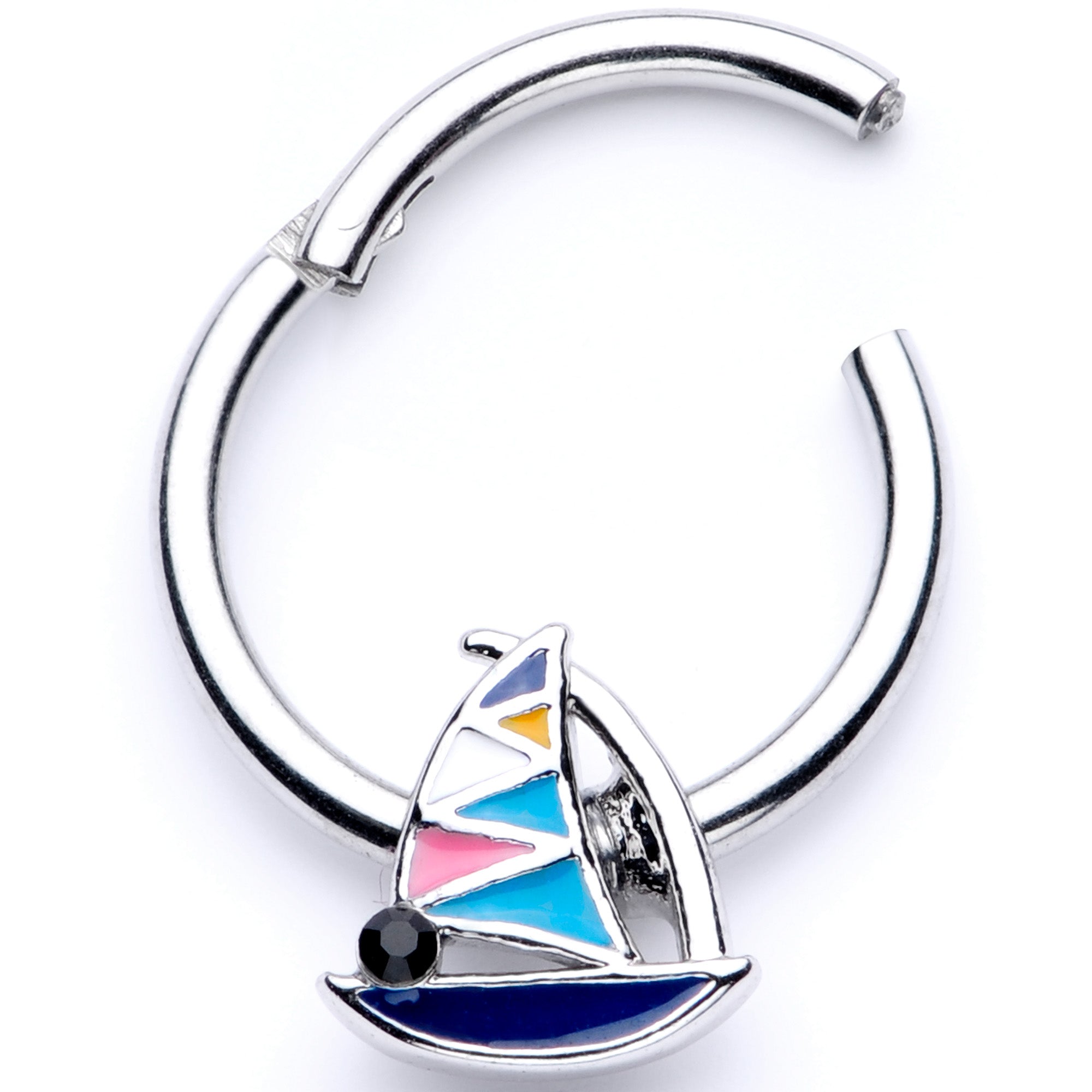 BodyCandy 16G 3/8 Black Gem Pink Teal Nautical Sailboat Hinged Segment Ring — lifestyle context