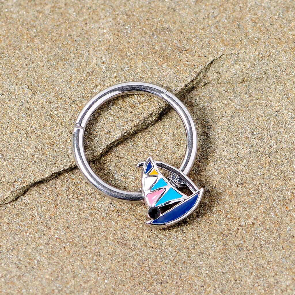 BodyCandy 16G 3/8 Black Gem Pink Teal Nautical Sailboat Hinged Segment Ring — side view
