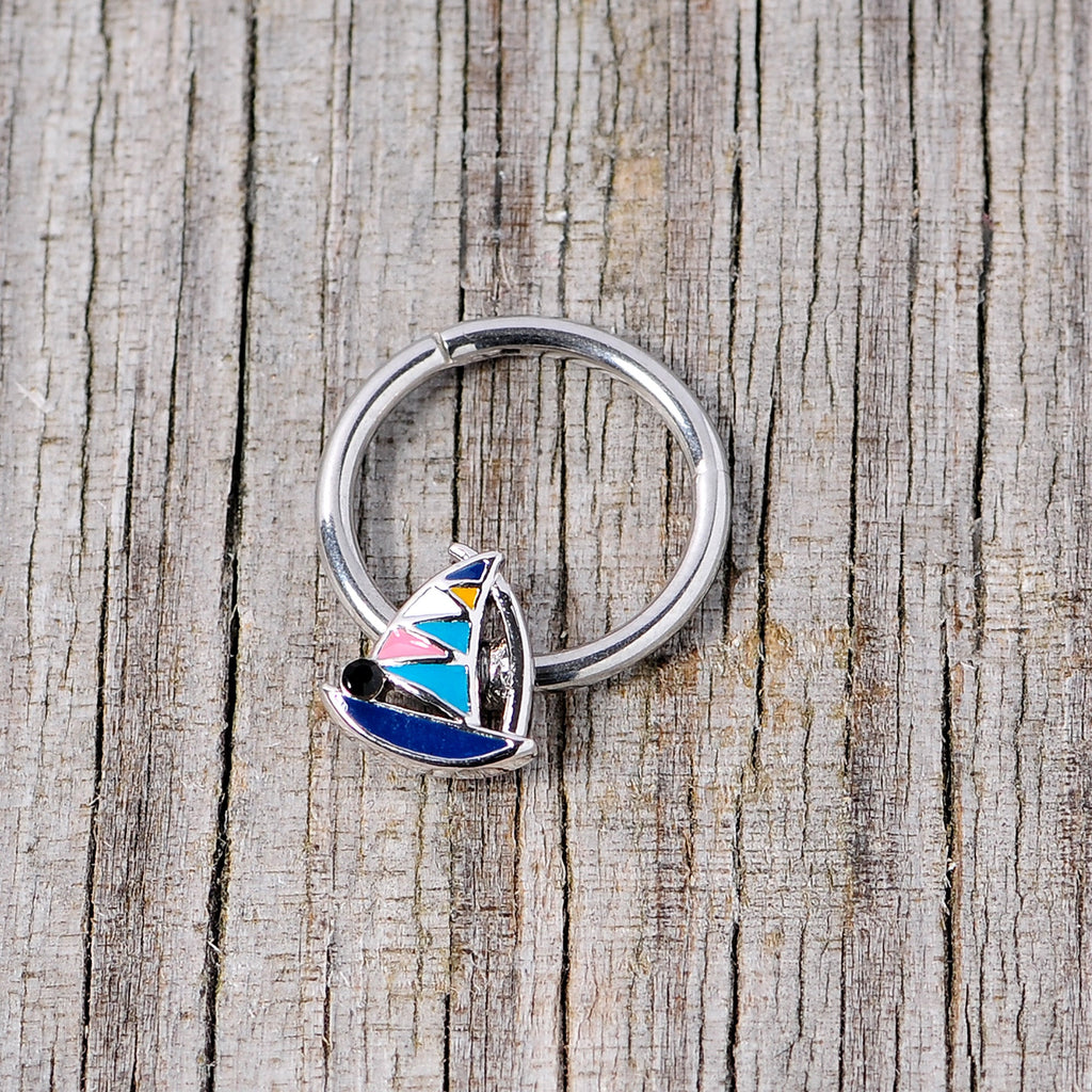 BodyCandy 16G 3/8 Black Gem Pink Teal Nautical Sailboat Hinged Segment Ring — back view