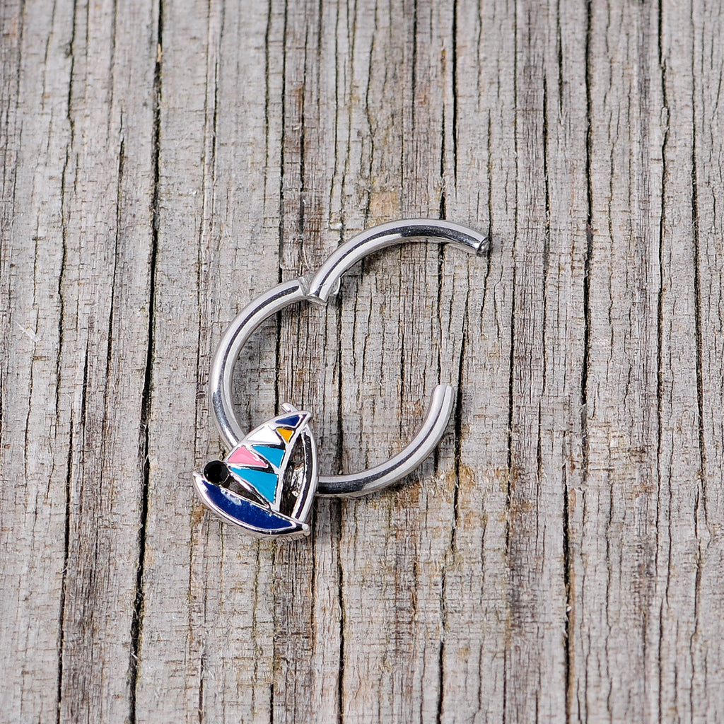 BodyCandy 16G 3/8 Black Gem Pink Teal Nautical Sailboat Hinged Segment Ring — alternative angle