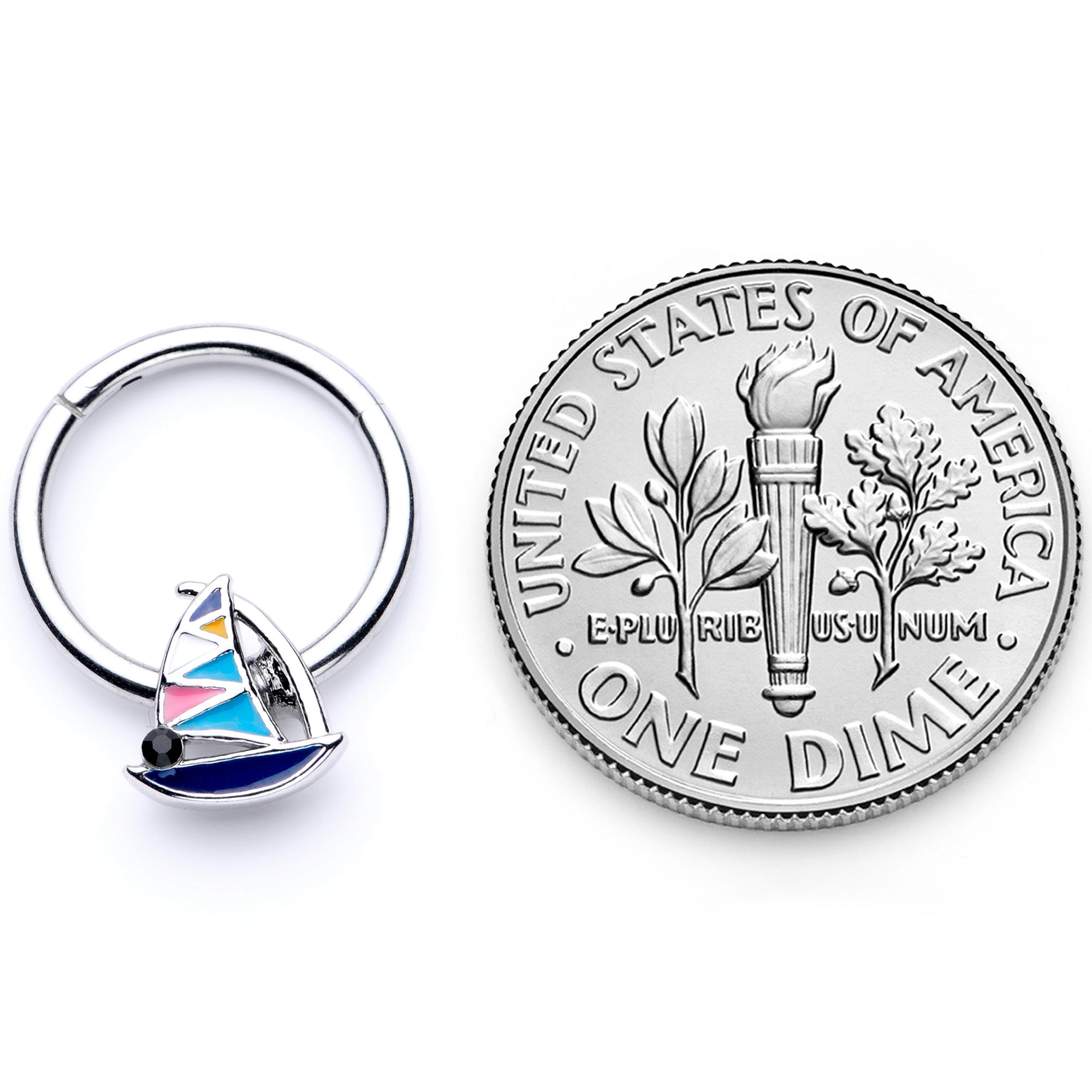 BodyCandy 16G 3/8 Black Gem Pink Teal Nautical Sailboat Hinged Segment Ring — in-use photo