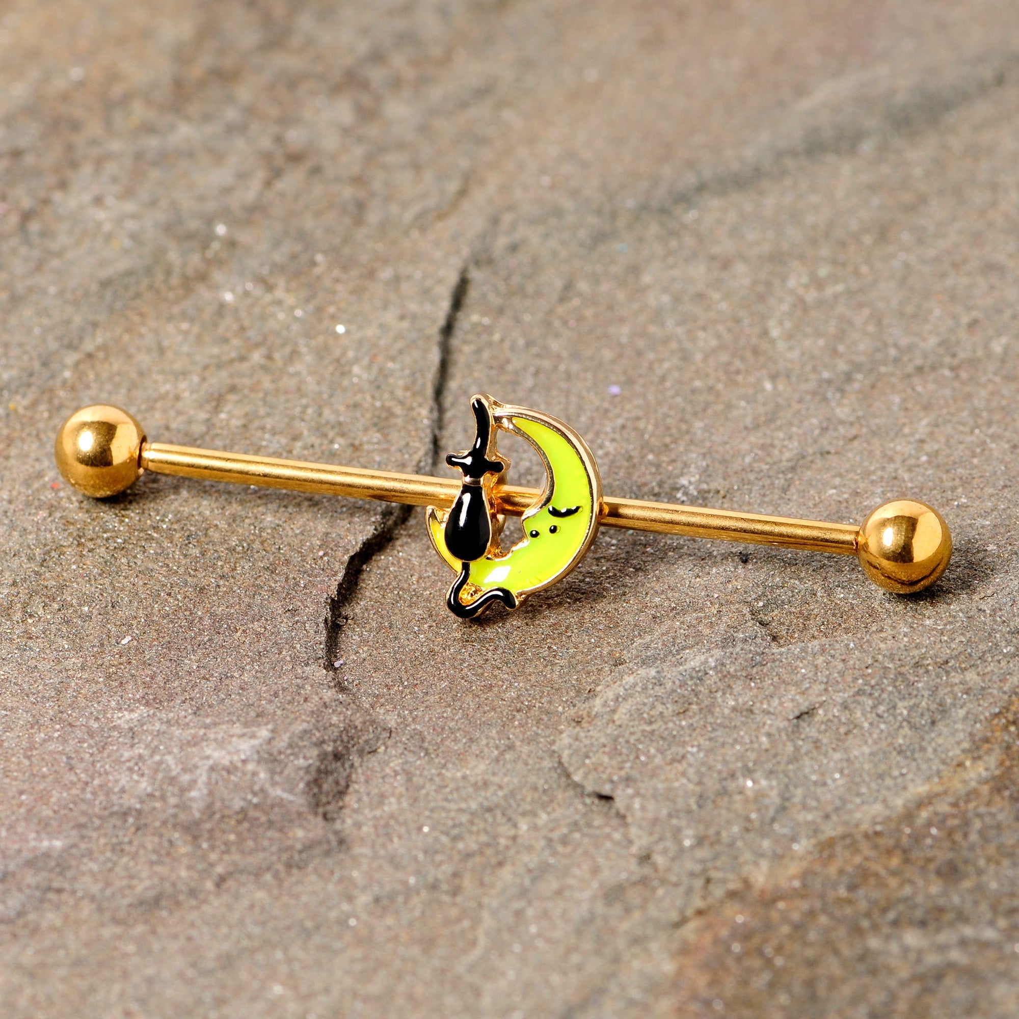 BodyCandy 14G Gold Tone Black Cat Moon Halloween Industrial Barbell 38mm — detail close-up