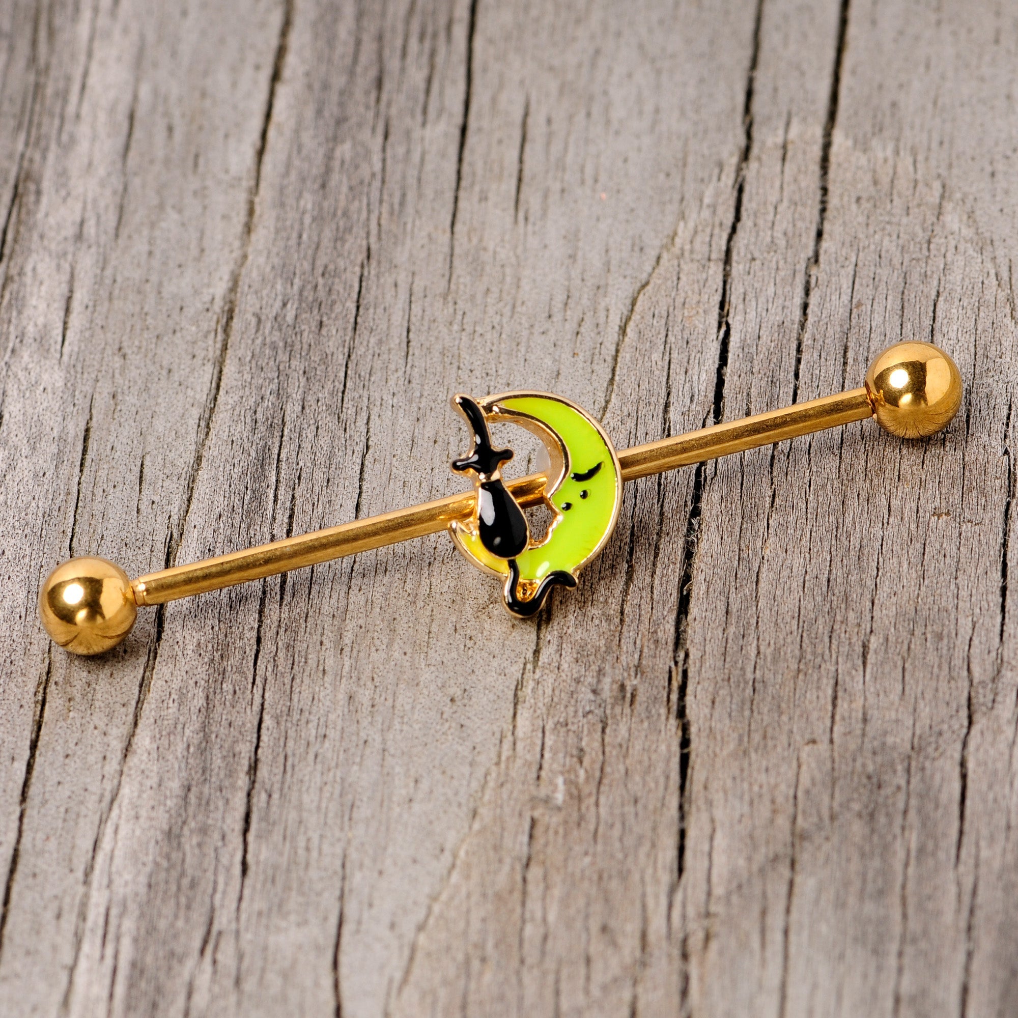 BodyCandy 14G Gold Tone Black Cat Moon Halloween Industrial Barbell 38mm — lifestyle context
