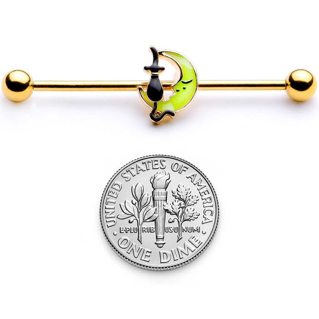 BodyCandy 14G Gold Tone Black Cat Moon Halloween Industrial Barbell 38mm — side view