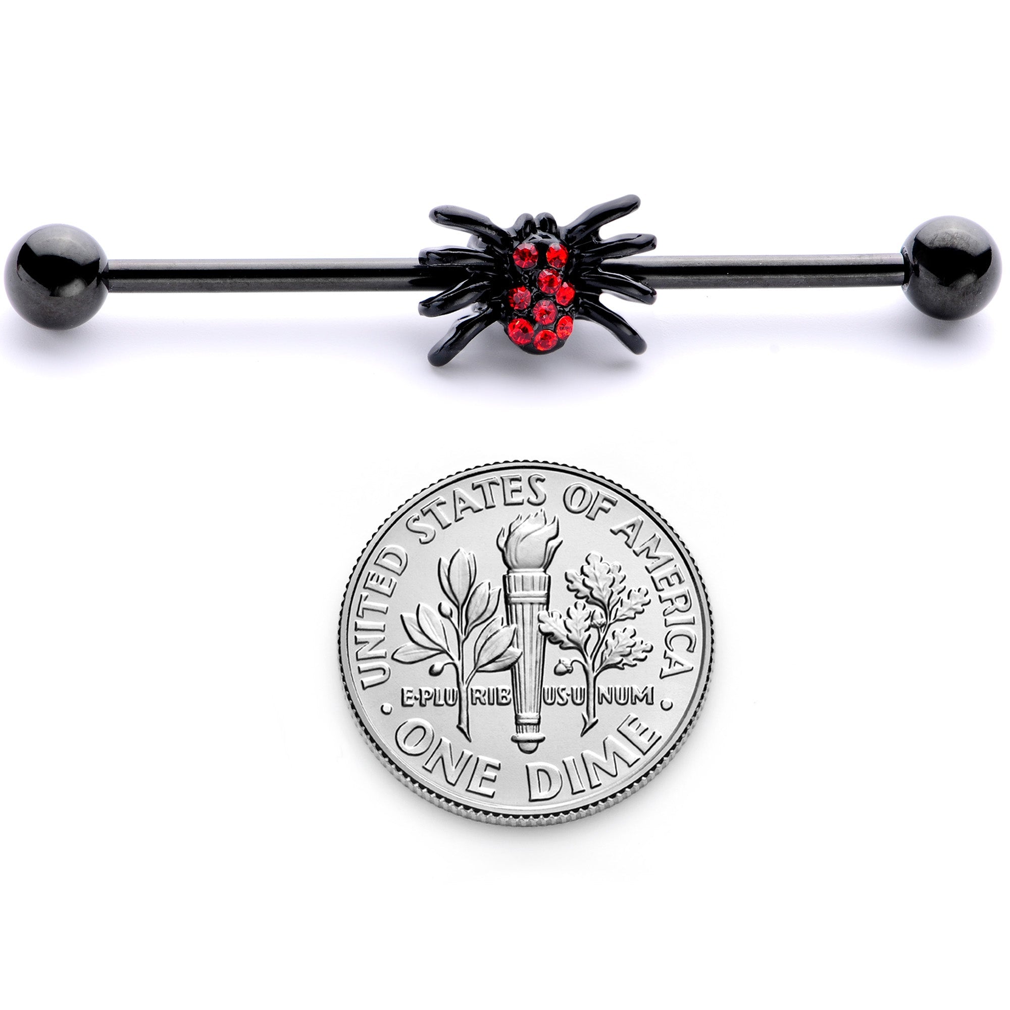 BodyCandy 14G Red Gem Black Spider Halloween Industrial Barbell 38mm — side view
