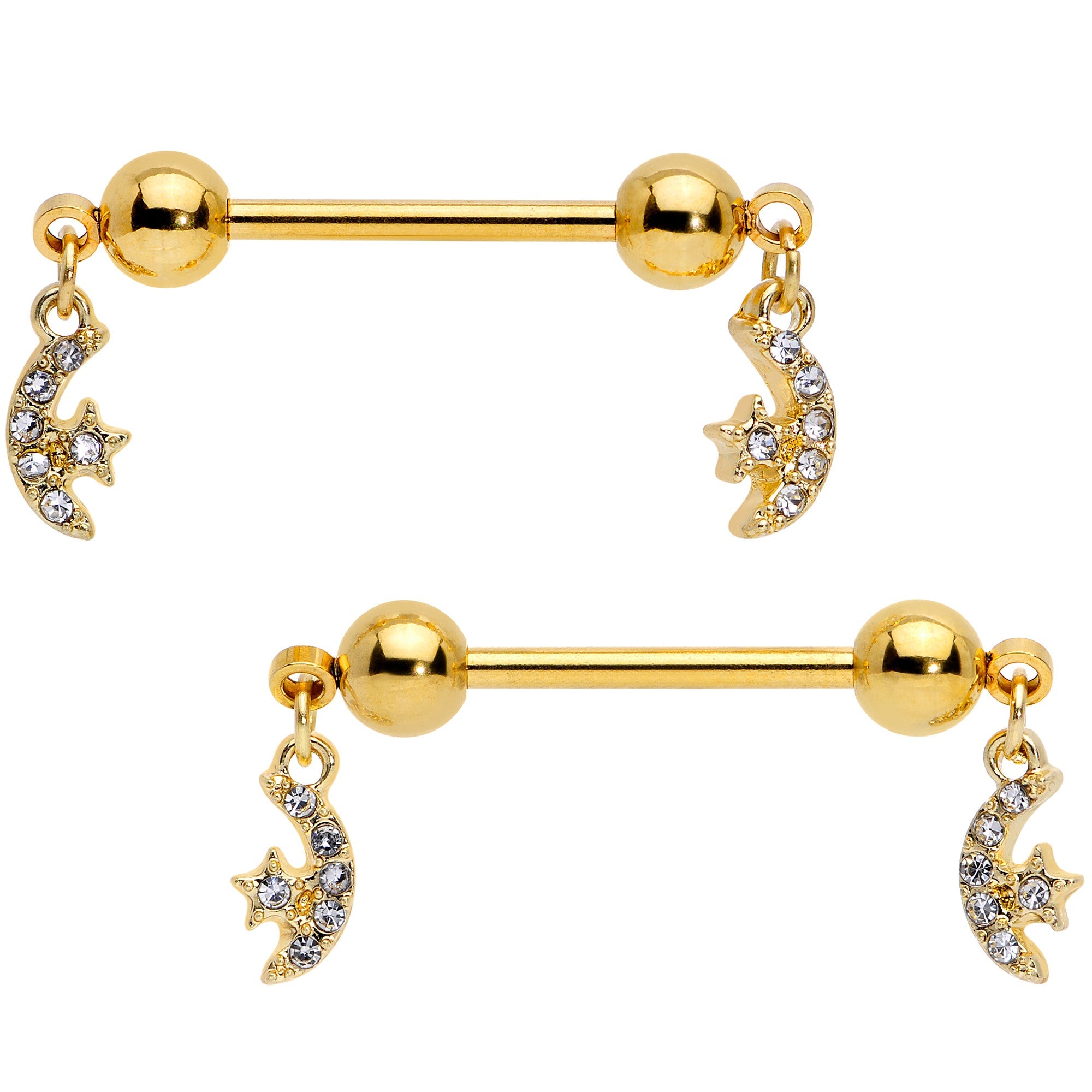 BodyCandy 14G 9/16 Clear Gem Gold Tone Moon Dangle Barbell Nipple Ring Set — main product shot