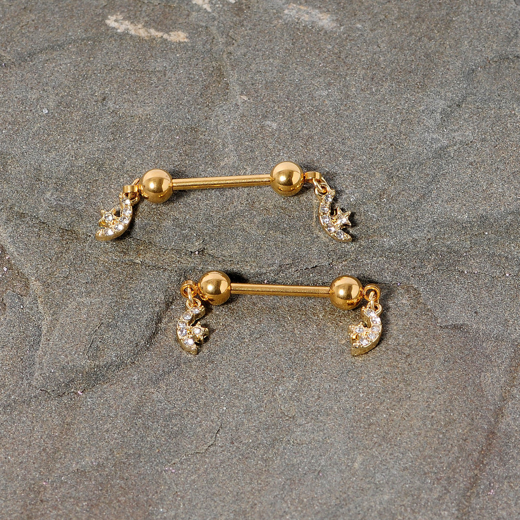 BodyCandy 14G 9/16 Clear Gem Gold Tone Moon Dangle Barbell Nipple Ring Set — lifestyle context