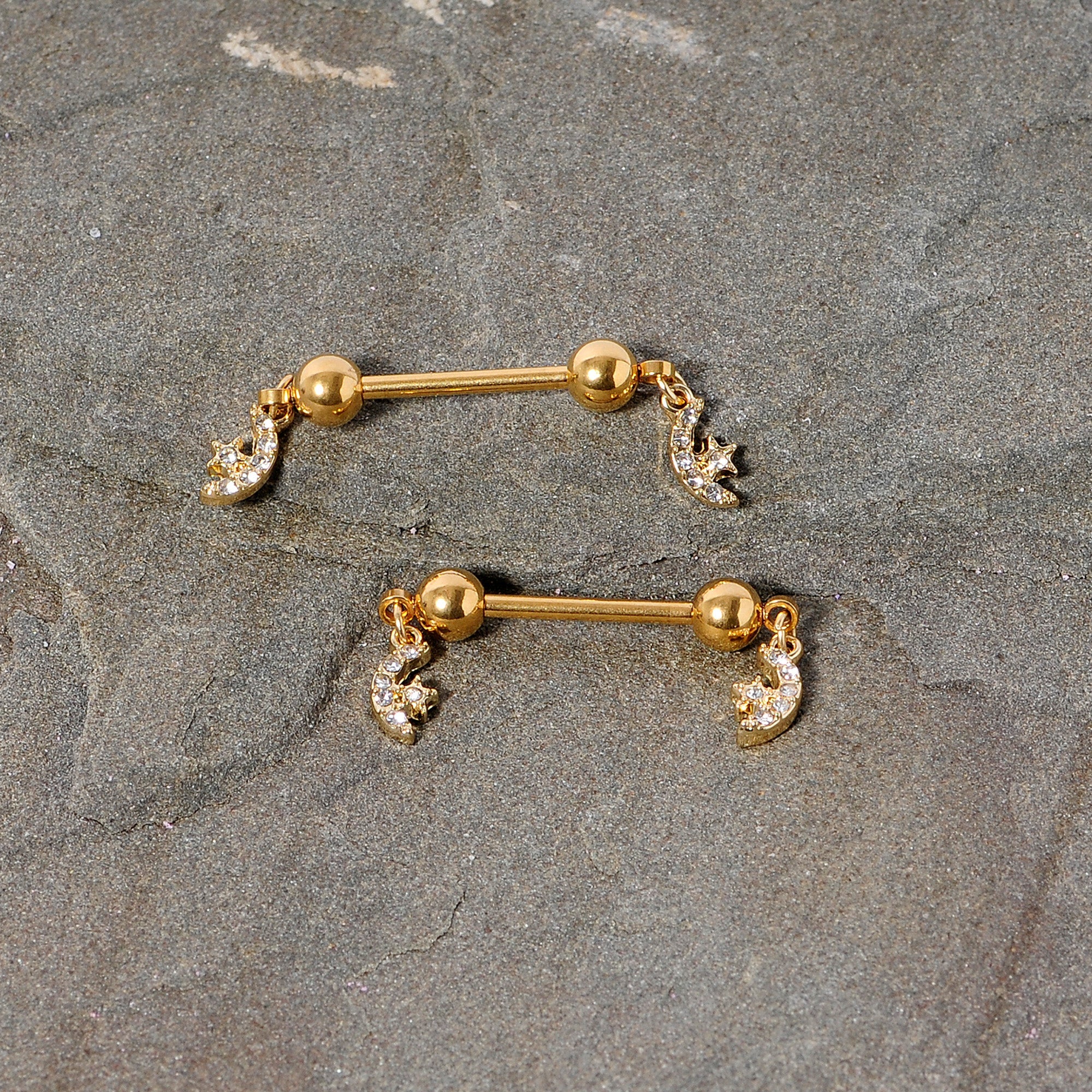BodyCandy 14G 9/16 Clear Gem Gold Tone Moon Dangle Barbell Nipple Ring Set — lifestyle context