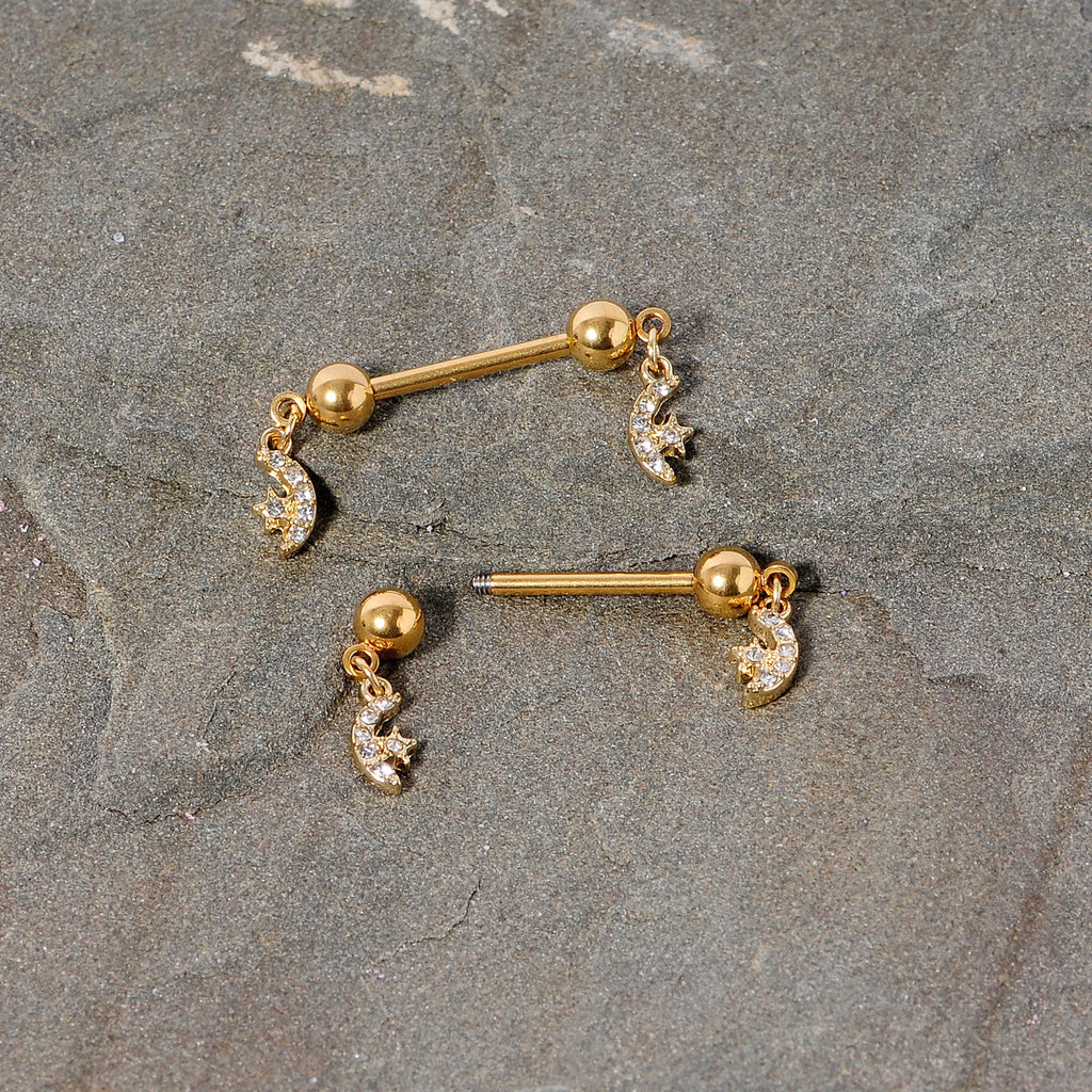 BodyCandy 14G 9/16 Clear Gem Gold Tone Moon Dangle Barbell Nipple Ring Set — side view