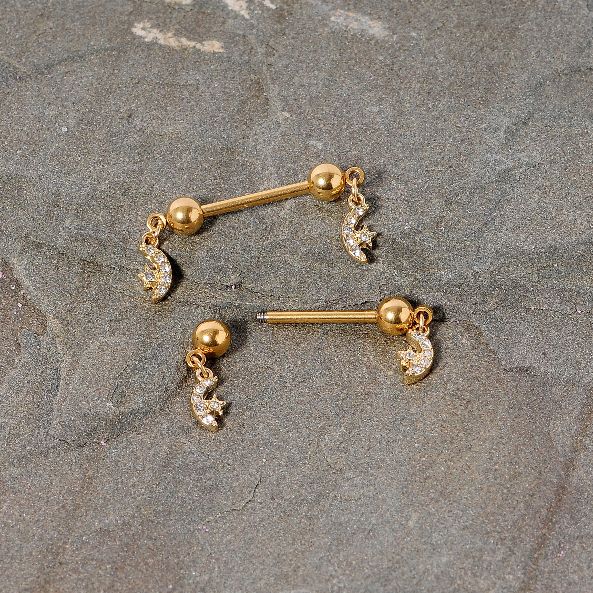 BodyCandy 14G 9/16 Clear Gem Gold Tone Moon Dangle Barbell Nipple Ring Set — side view