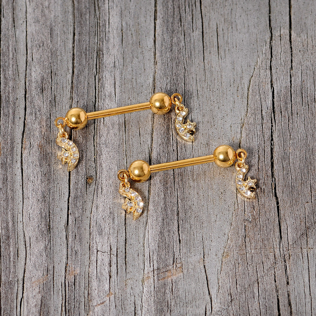 BodyCandy 14G 9/16 Clear Gem Gold Tone Moon Dangle Barbell Nipple Ring Set — back view