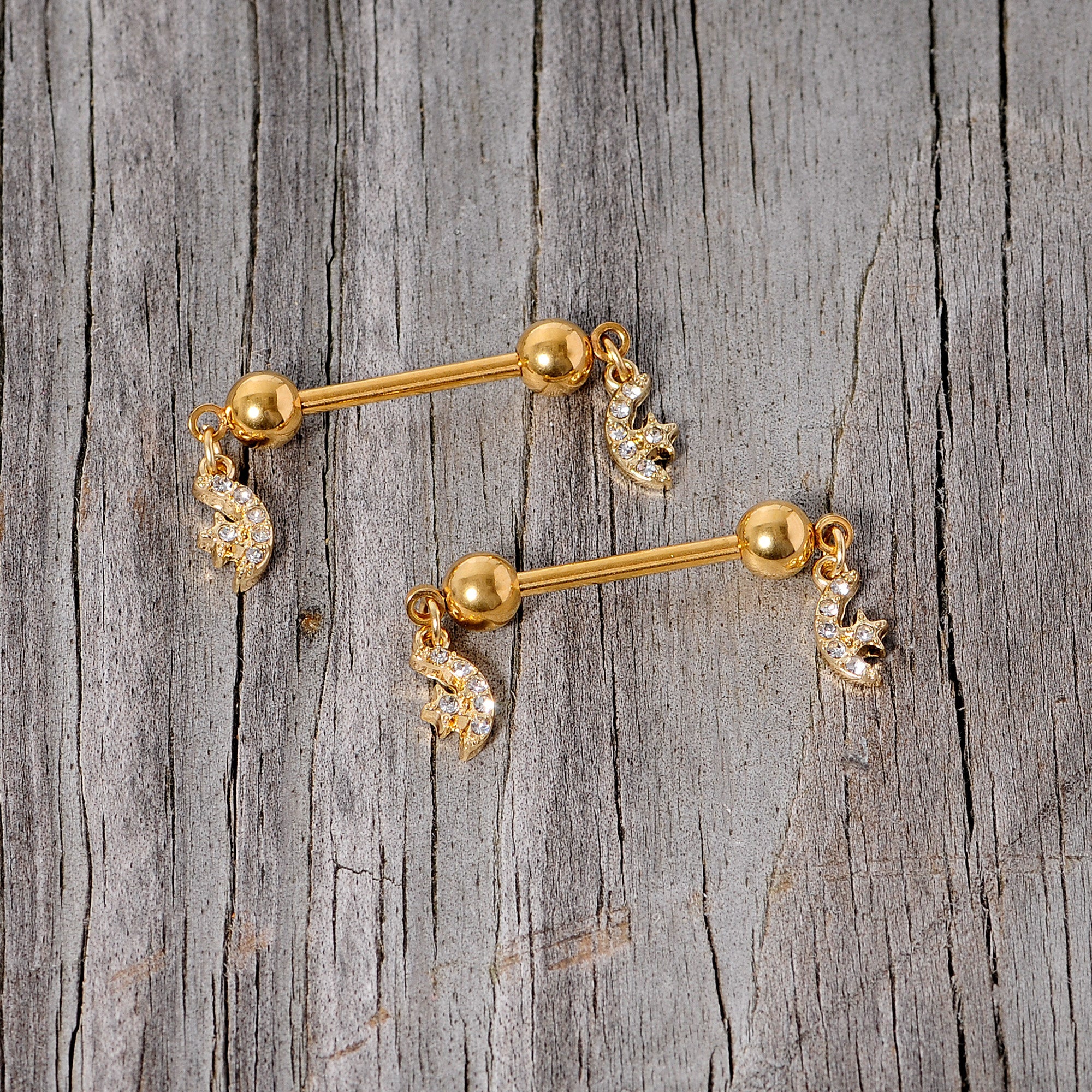 BodyCandy 14G 9/16 Clear Gem Gold Tone Moon Dangle Barbell Nipple Ring Set — back view
