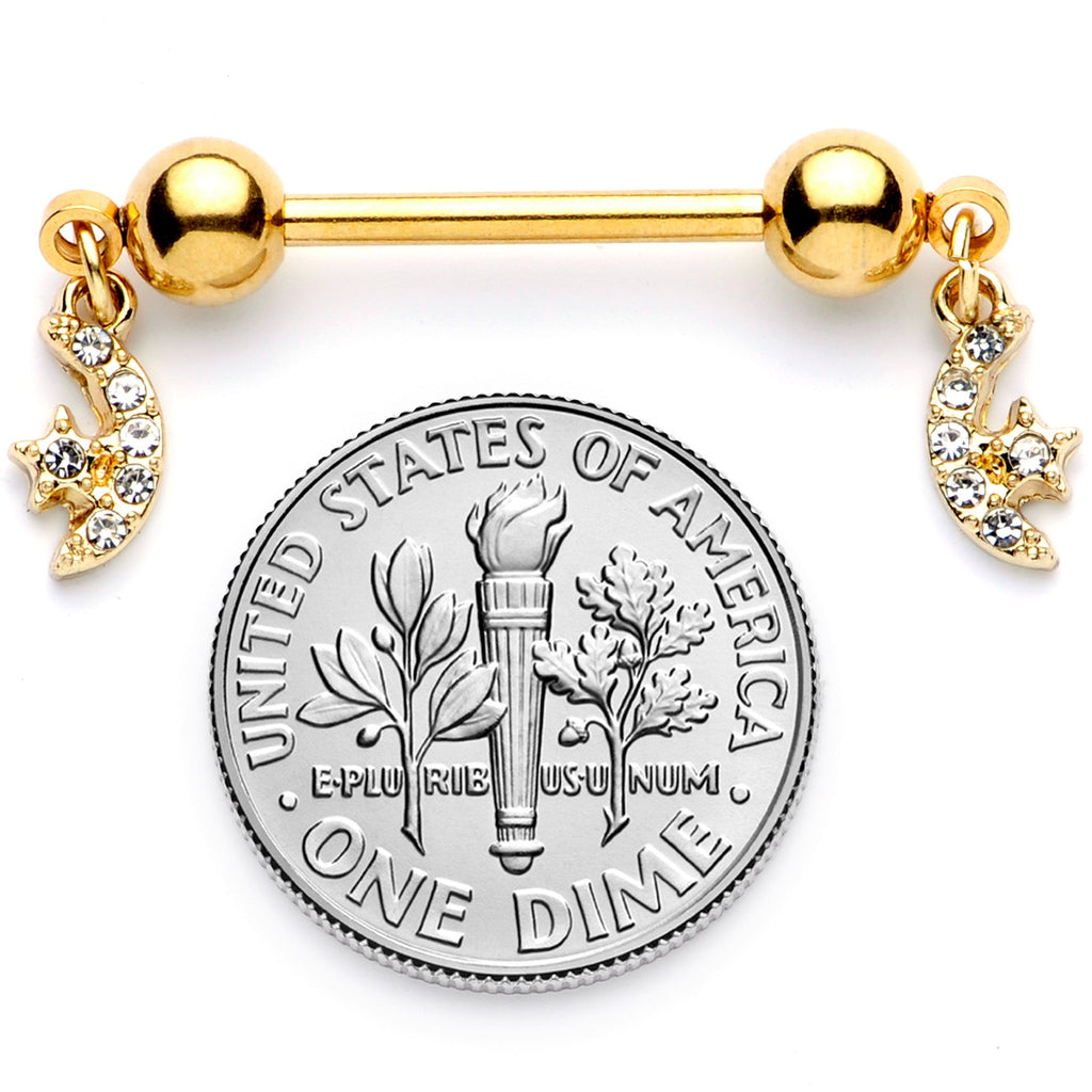 BodyCandy 14G 9/16 Clear Gem Gold Tone Moon Dangle Barbell Nipple Ring Set — alternative angle