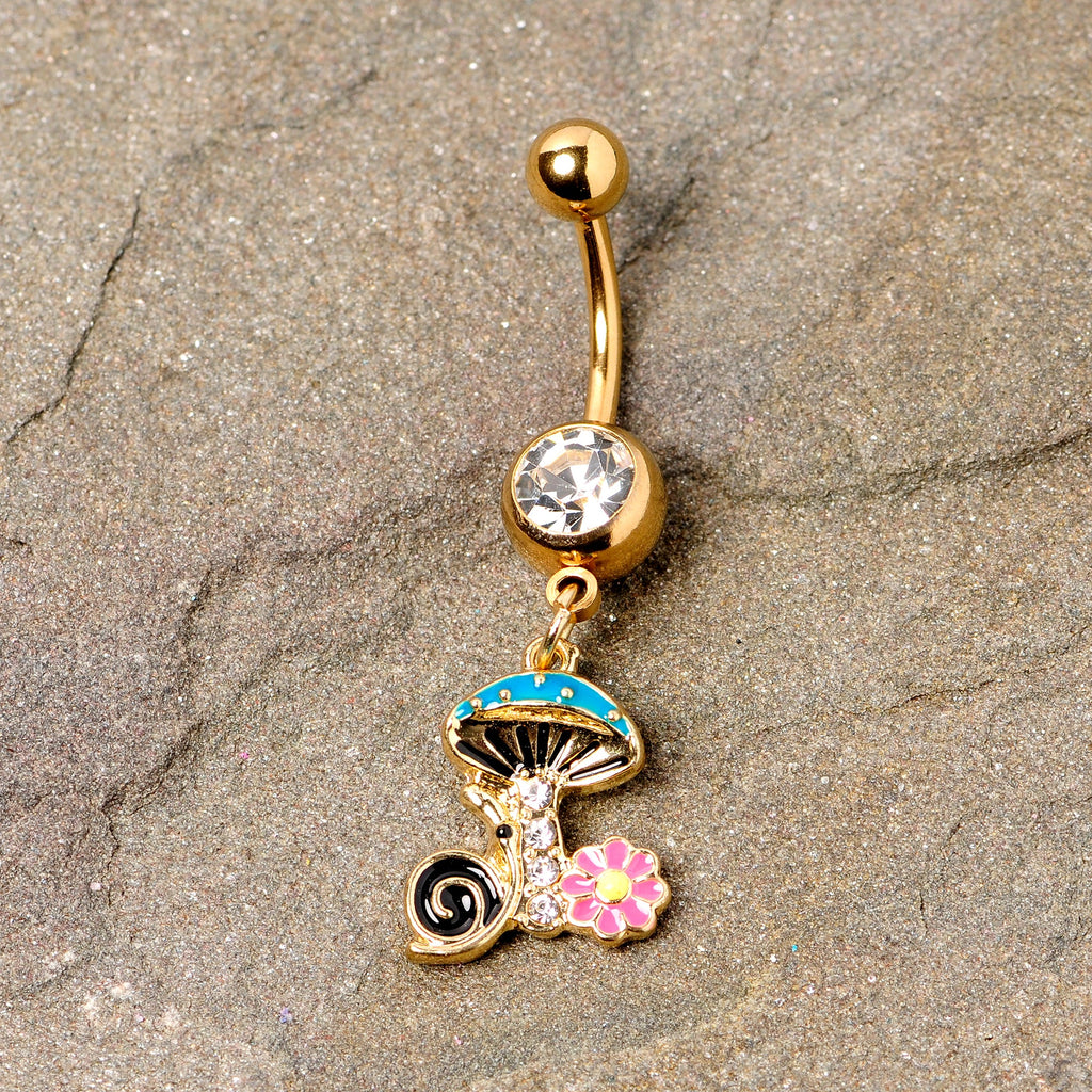 BodyCandy Clear Gem Gold Tone Snail Flower Magic Mushroom Dangle Belly Ring — detail close-up