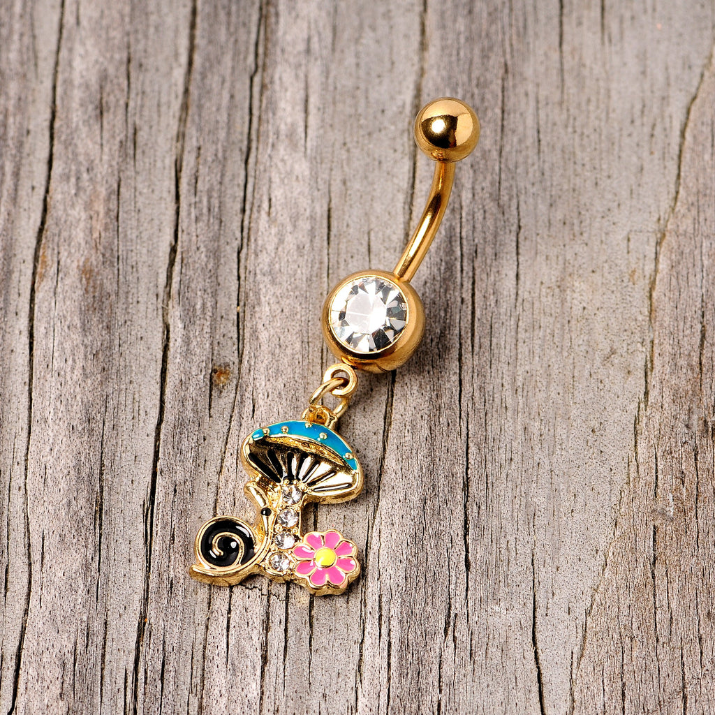 BodyCandy Clear Gem Gold Tone Snail Flower Magic Mushroom Dangle Belly Ring — lifestyle context