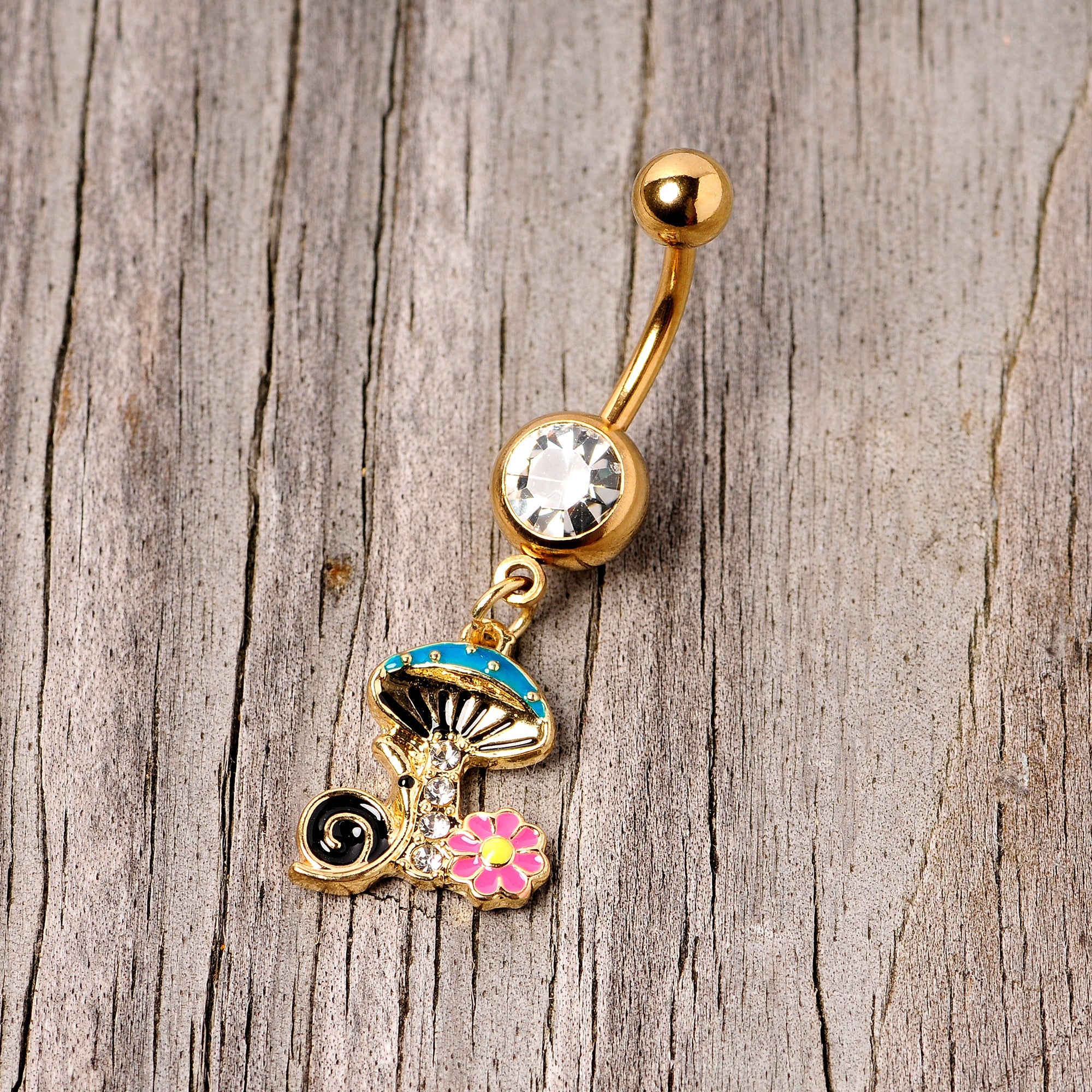 BodyCandy Clear Gem Gold Tone Snail Flower Magic Mushroom Dangle Belly Ring — lifestyle context