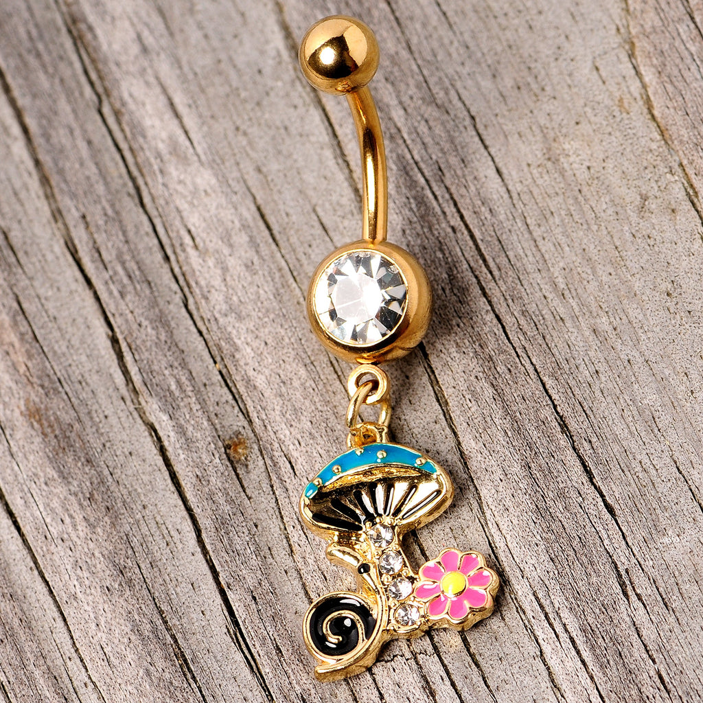 BodyCandy Clear Gem Gold Tone Snail Flower Magic Mushroom Dangle Belly Ring — side view