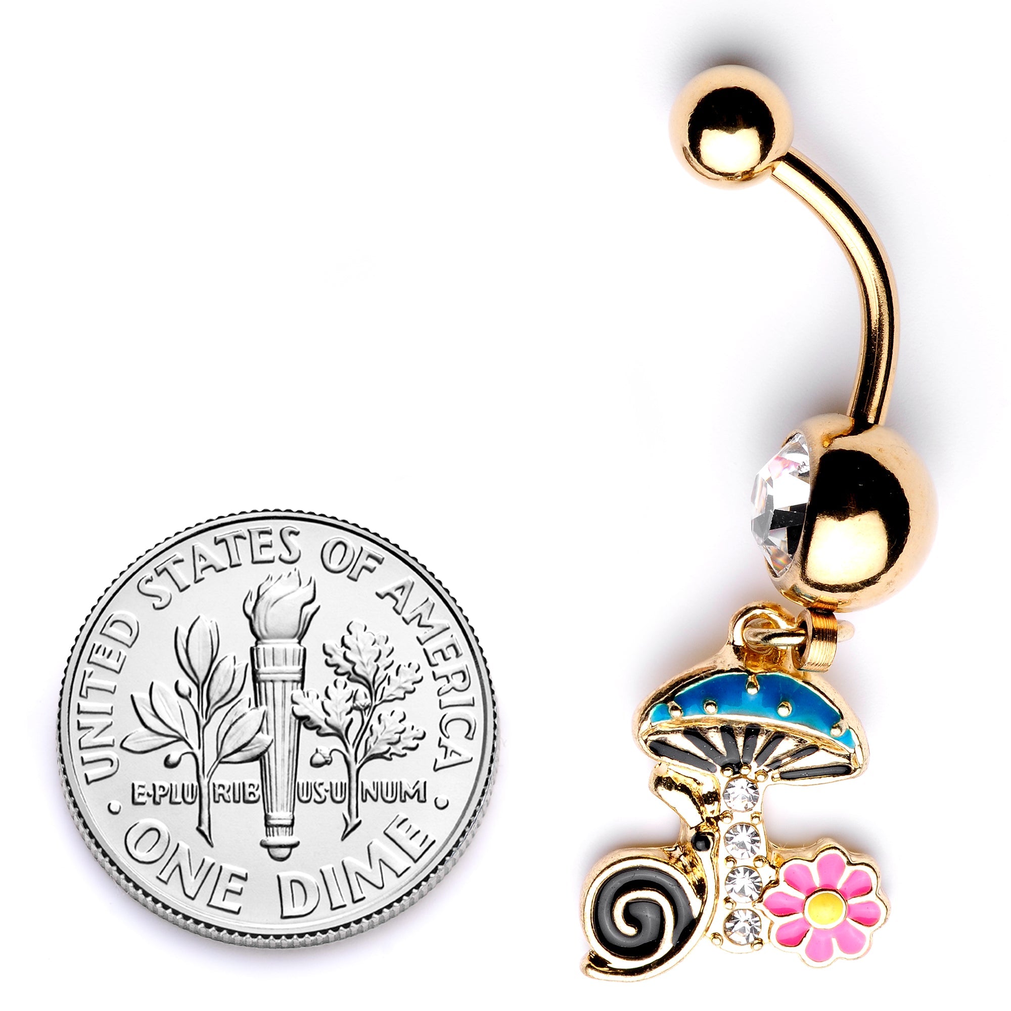 BodyCandy Clear Gem Gold Tone Snail Flower Magic Mushroom Dangle Belly Ring — back view