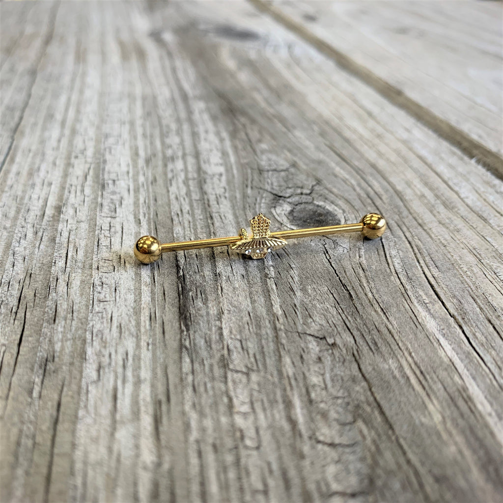 BodyCandy 14G Clear Gem Gold Tone Alien UFO Beam Industrial Barbell 38mm — lifestyle context