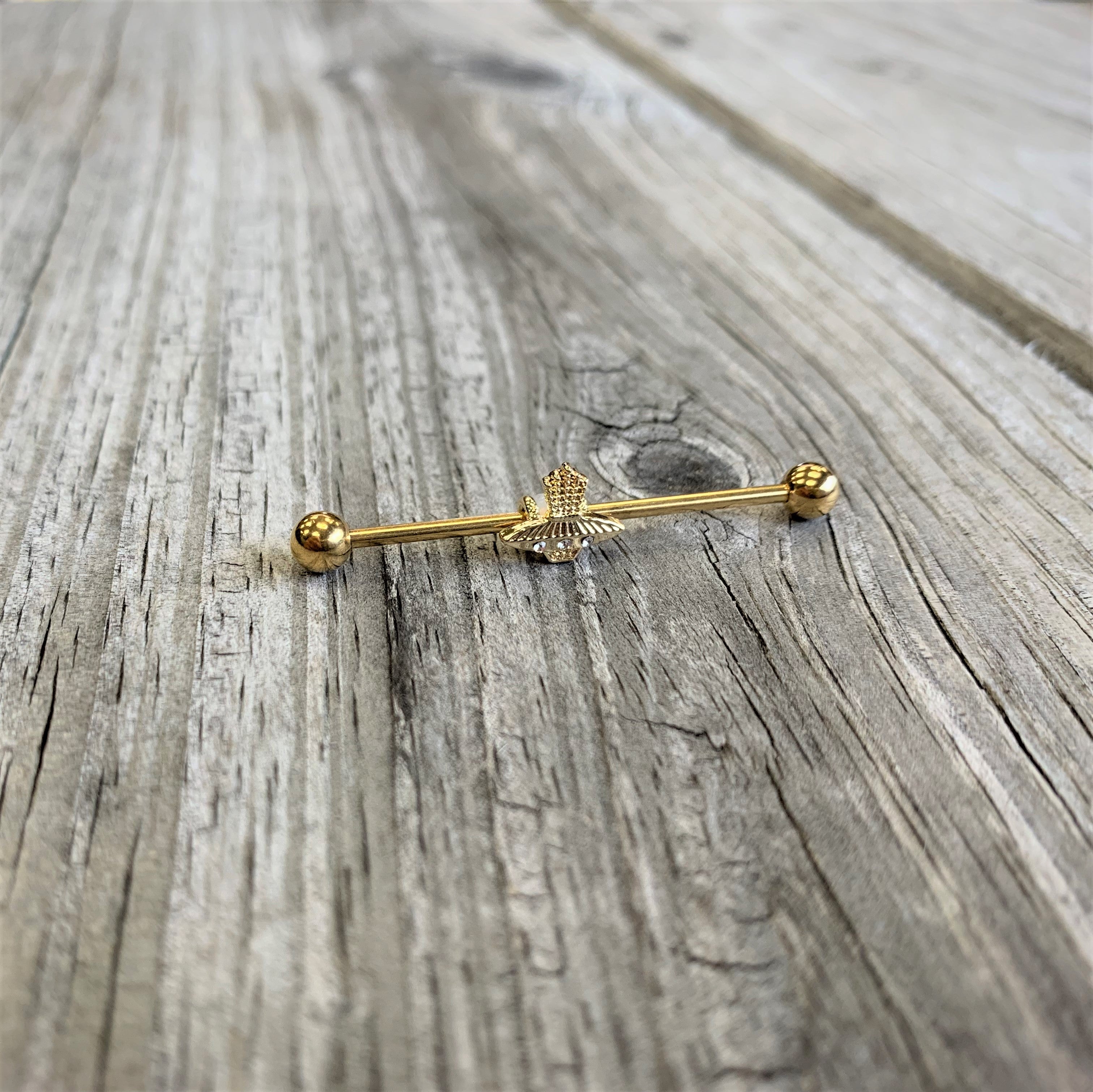BodyCandy 14G Clear Gem Gold Tone Alien UFO Beam Industrial Barbell 38mm — lifestyle context