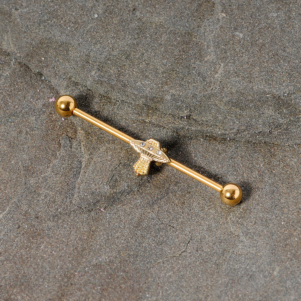 BodyCandy 14G Clear Gem Gold Tone Alien UFO Beam Industrial Barbell 38mm — side view