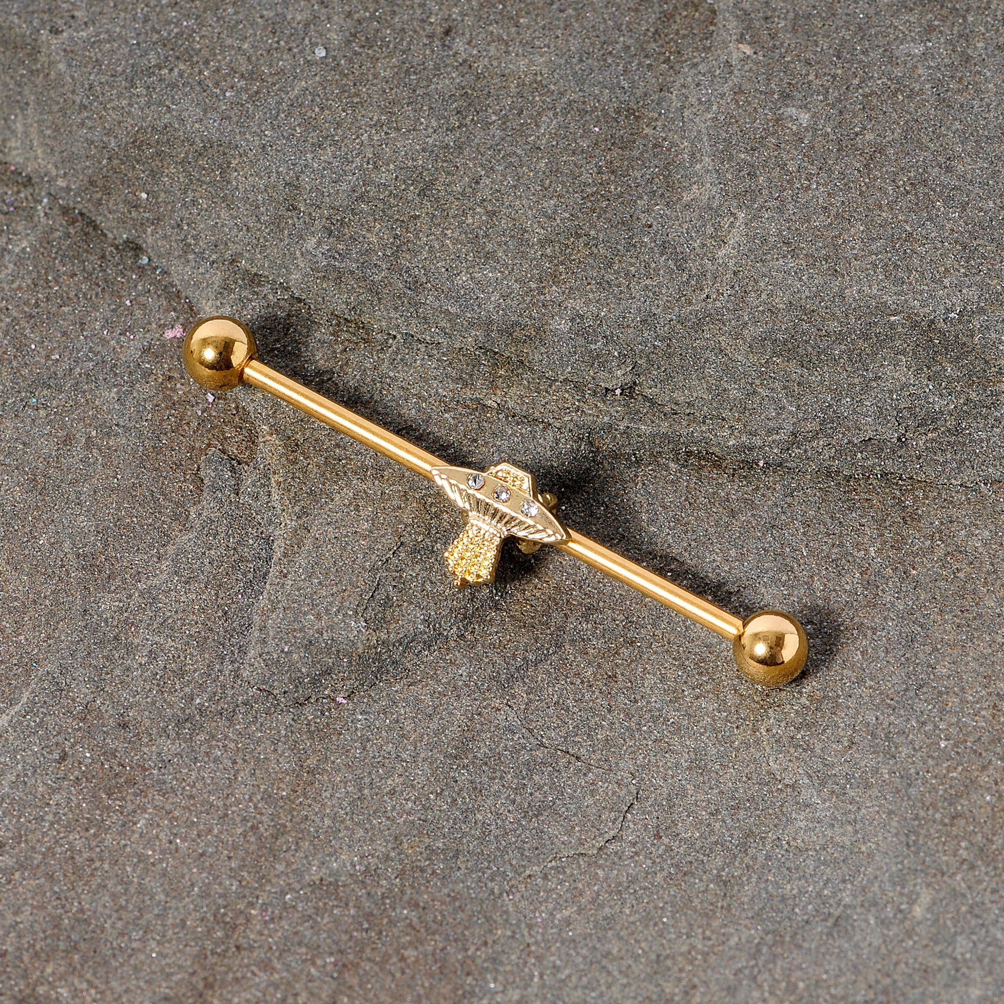 BodyCandy 14G Clear Gem Gold Tone Alien UFO Beam Industrial Barbell 38mm — side view