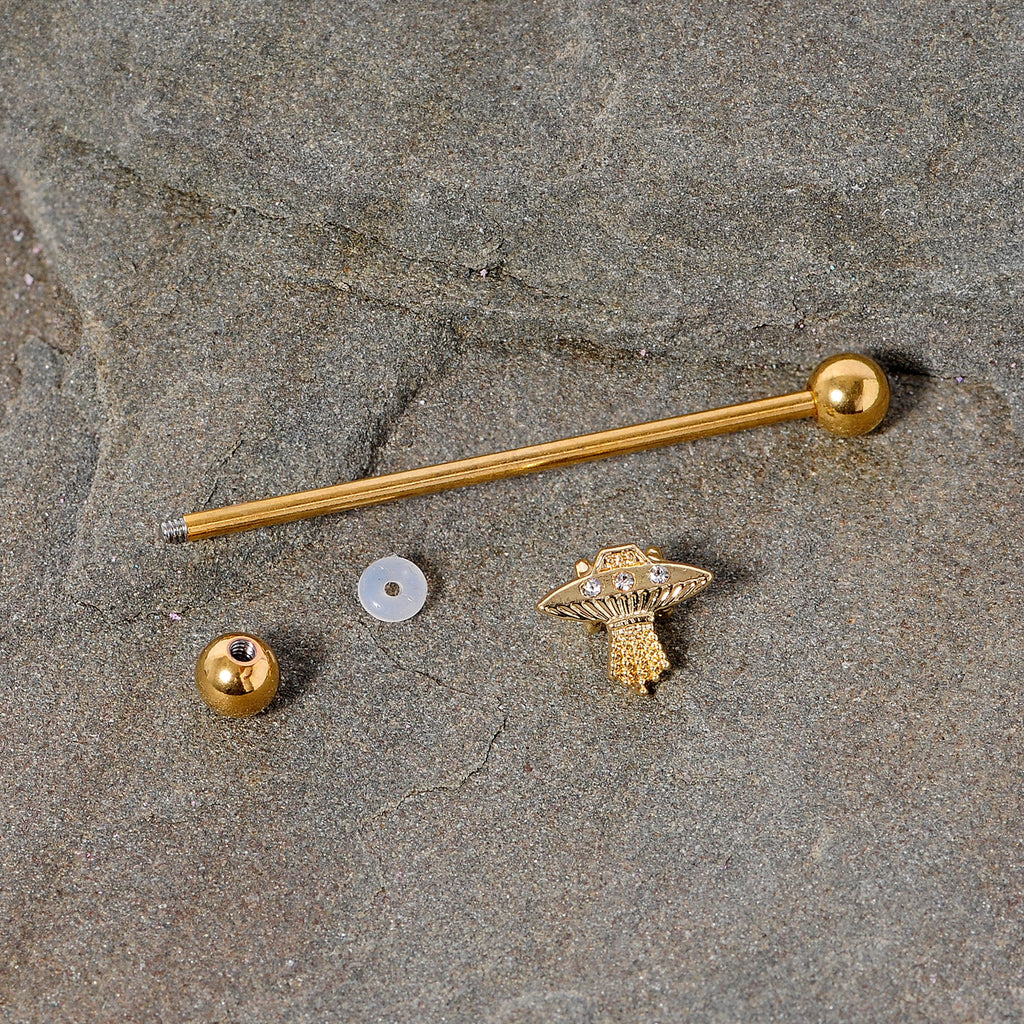 BodyCandy 14G Clear Gem Gold Tone Alien UFO Beam Industrial Barbell 38mm — back view