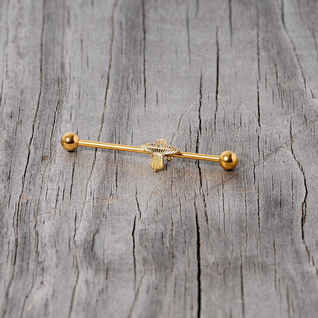BodyCandy 14G Clear Gem Gold Tone Alien UFO Beam Industrial Barbell 38mm — alternative angle