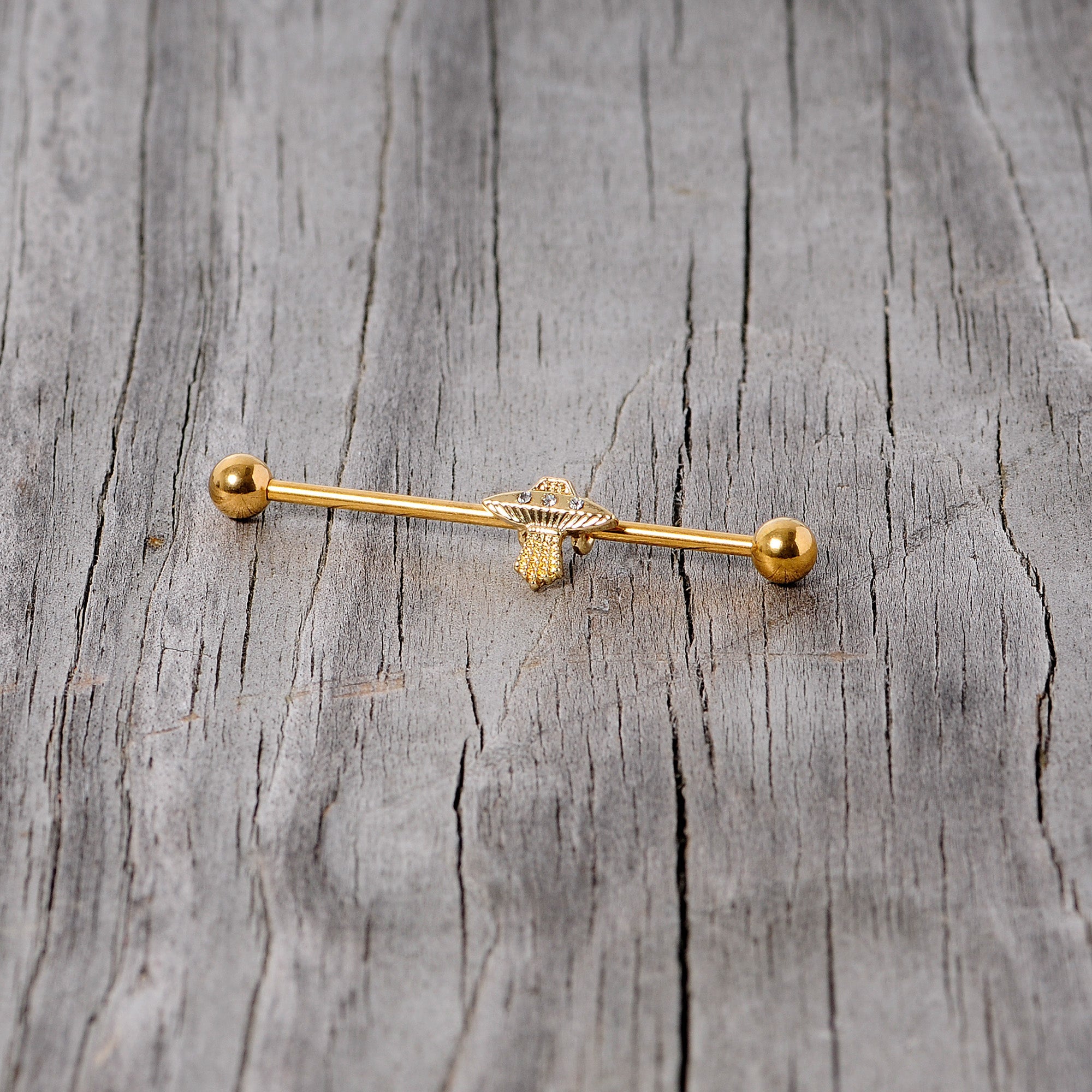 BodyCandy 14G Clear Gem Gold Tone Alien UFO Beam Industrial Barbell 38mm — alternative angle