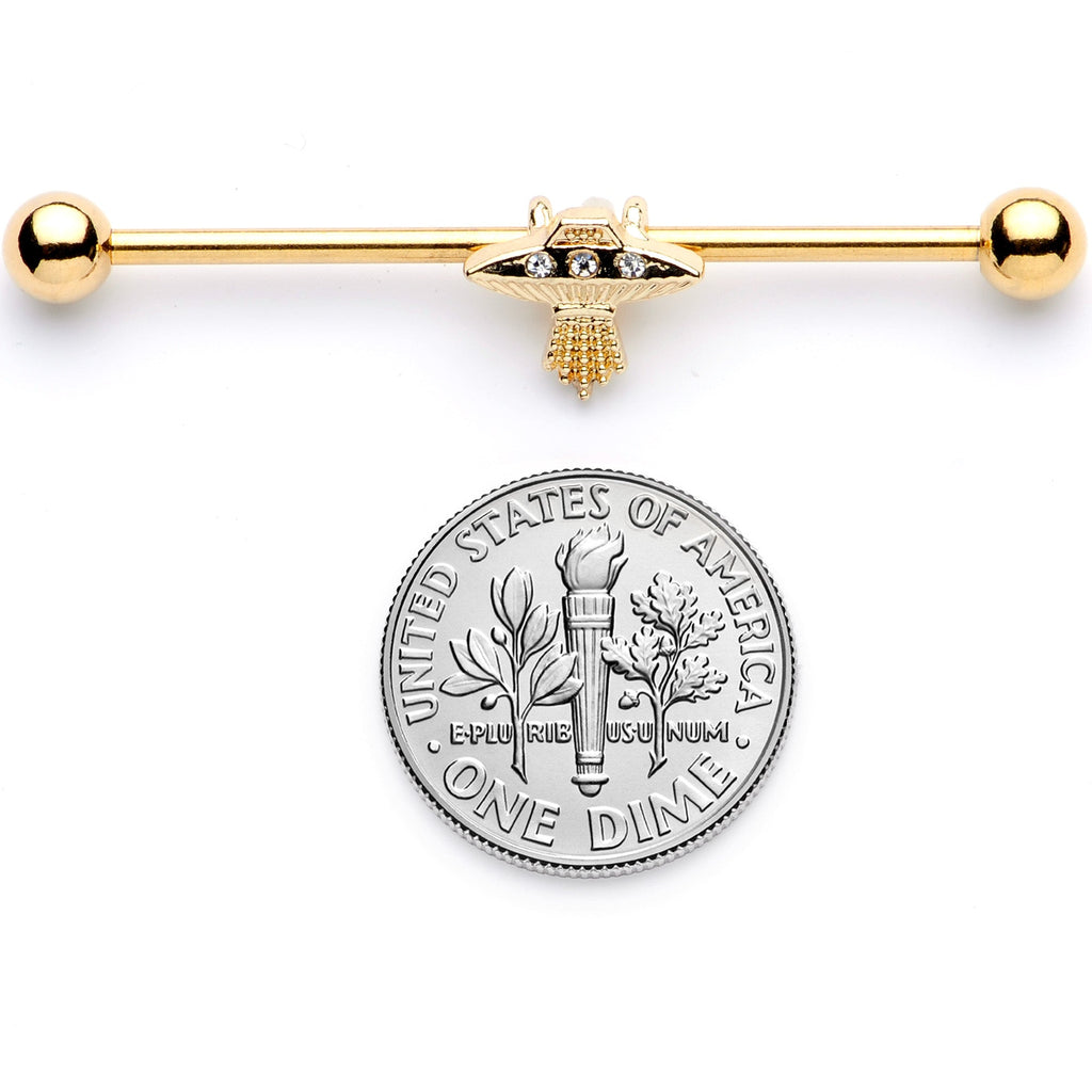 BodyCandy 14G Clear Gem Gold Tone Alien UFO Beam Industrial Barbell 38mm — in-use photo