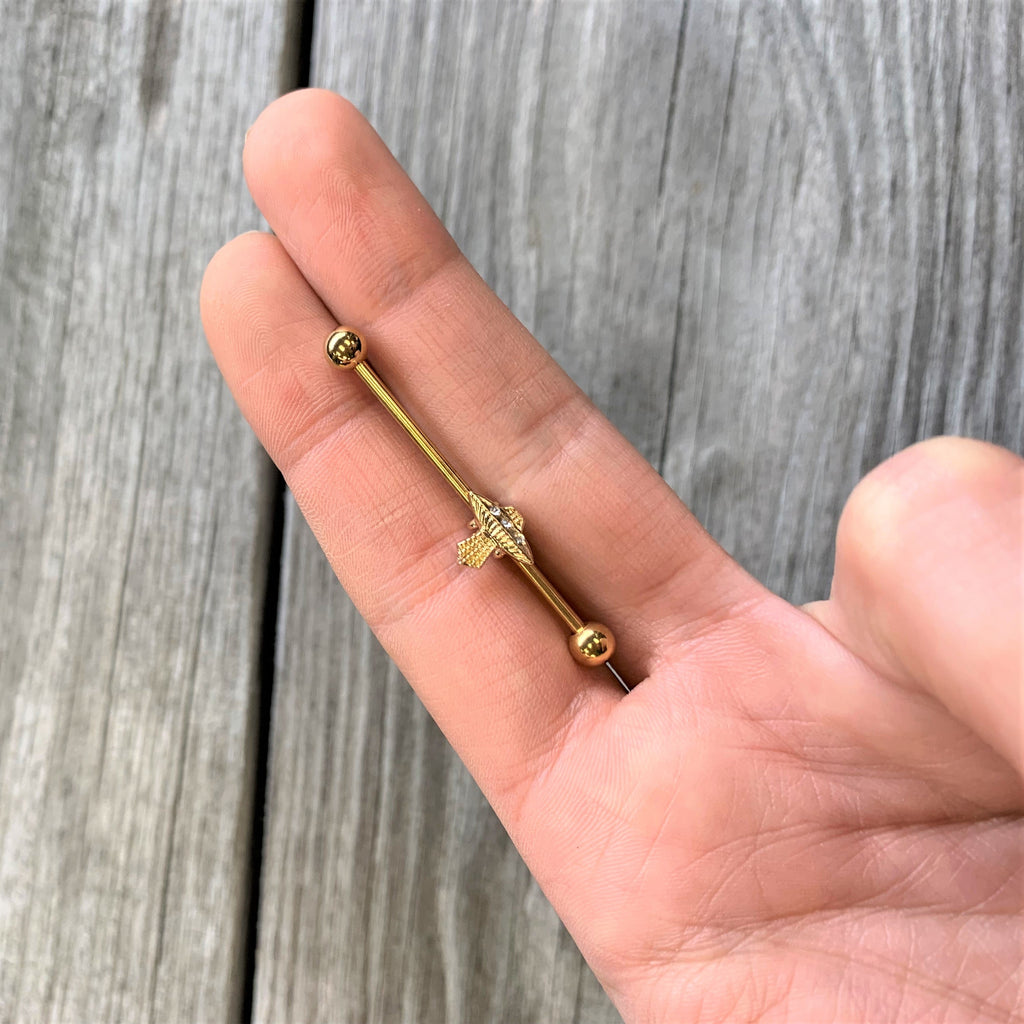 BodyCandy 14G Clear Gem Gold Tone Alien UFO Beam Industrial Barbell 38mm — detail close-up