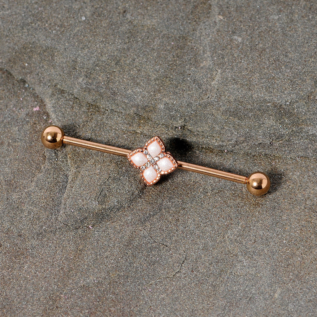 BodyCandy 14G Clear Gem Rose Gold Tone Renaissance Industrial Barbell 38mm — detail close-up