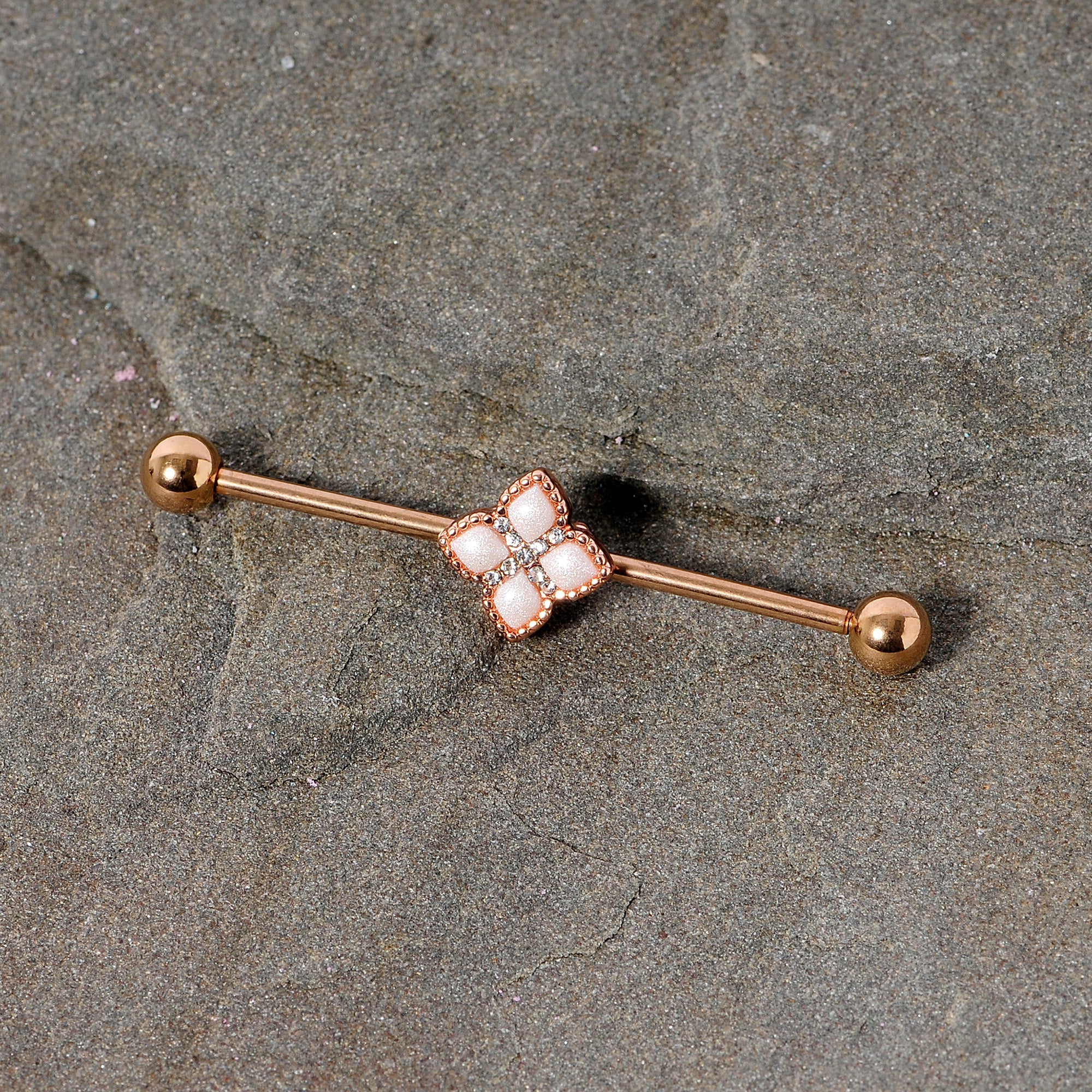 BodyCandy 14G Clear Gem Rose Gold Tone Renaissance Industrial Barbell 38mm — detail close-up