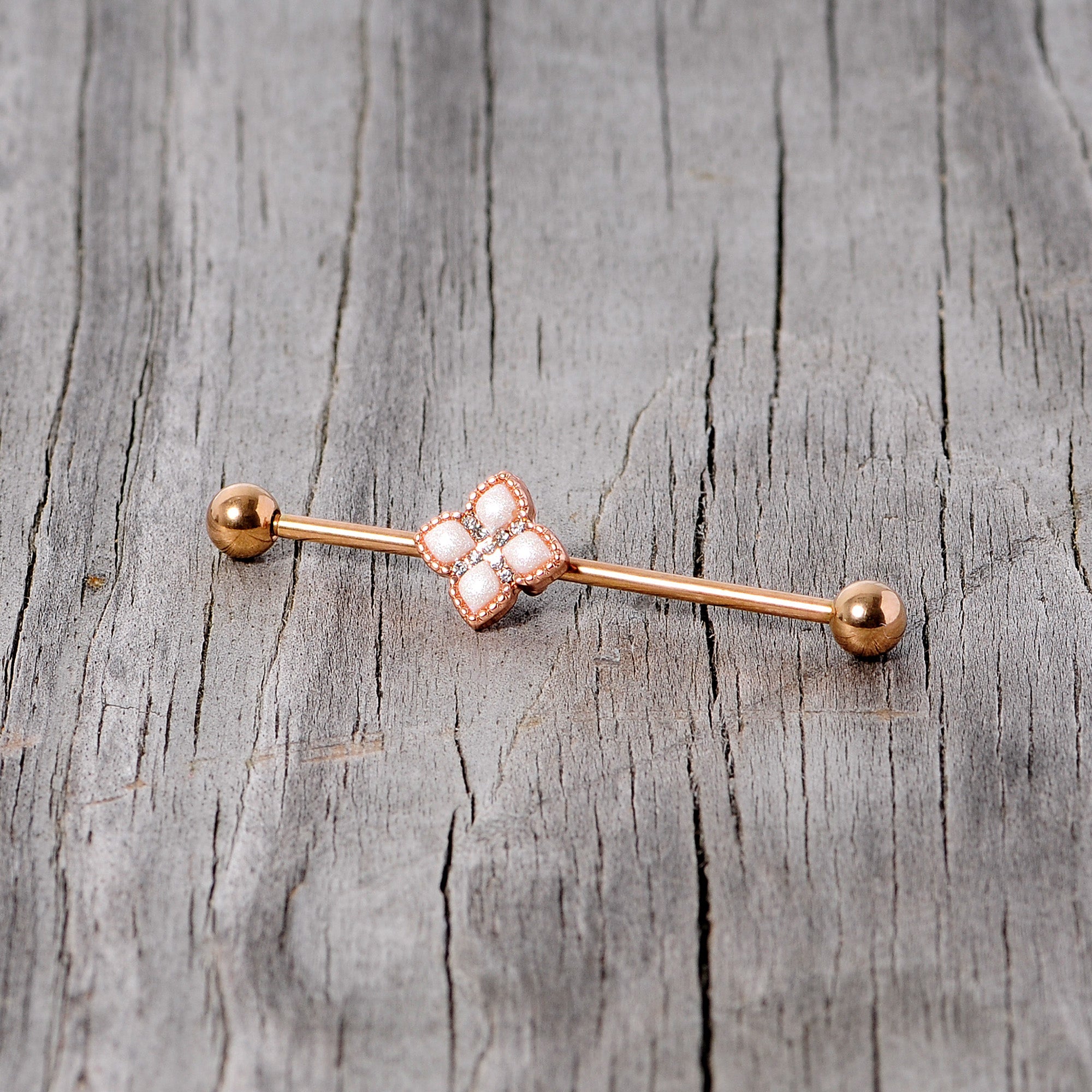BodyCandy 14G Clear Gem Rose Gold Tone Renaissance Industrial Barbell 38mm — side view