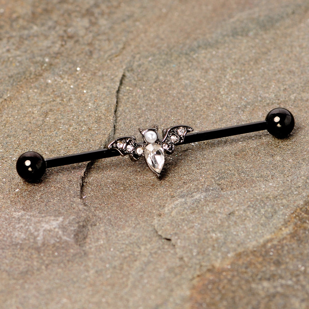 BodyCandy 14G Clear Gem Black Bat Halloween Industrial Barbell 38mm — side view