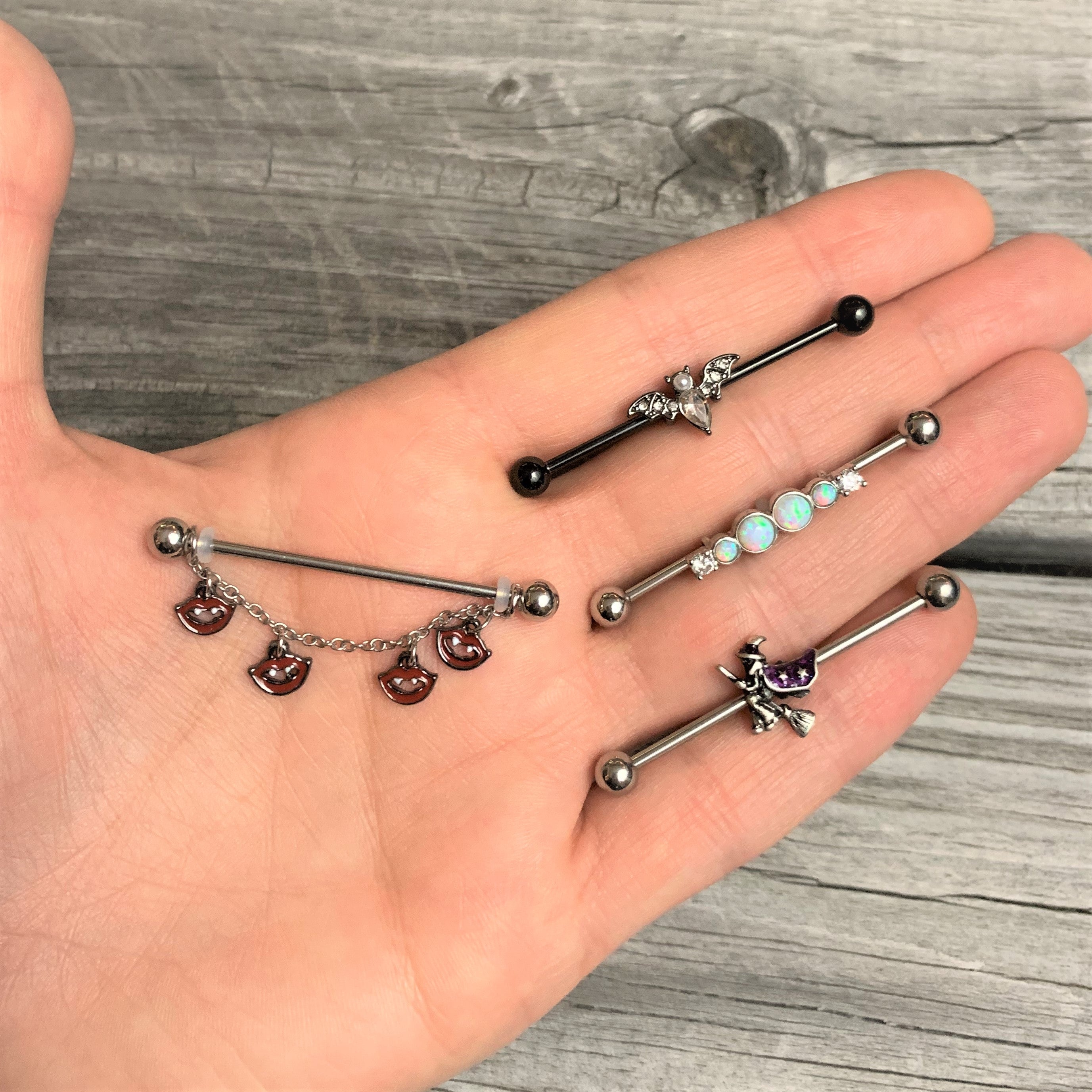 BodyCandy 14G Blue Black Spooky Halloween Witch Industrial Barbell 38mm — detail close-up