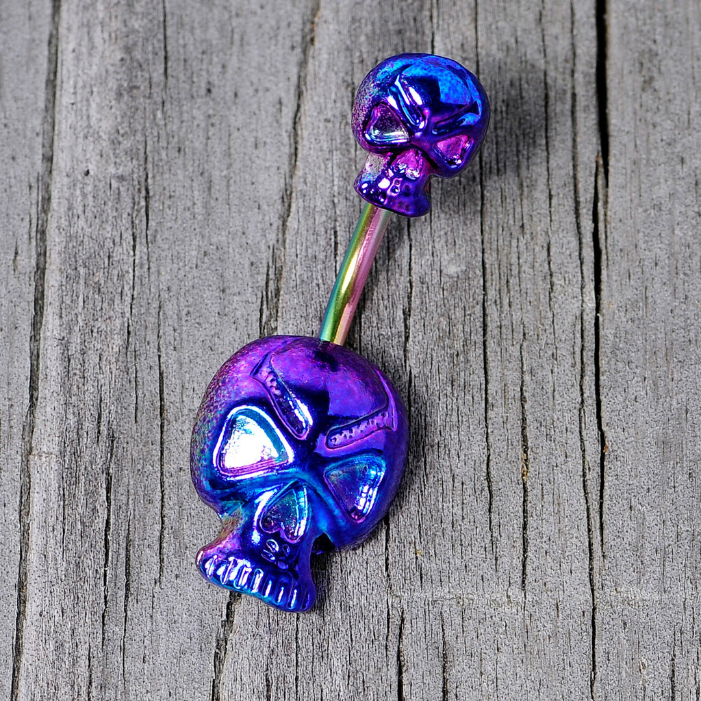 BodyCandy Rainbow Scary Double Skull Halloween Double Mount Belly Ring — in-use photo