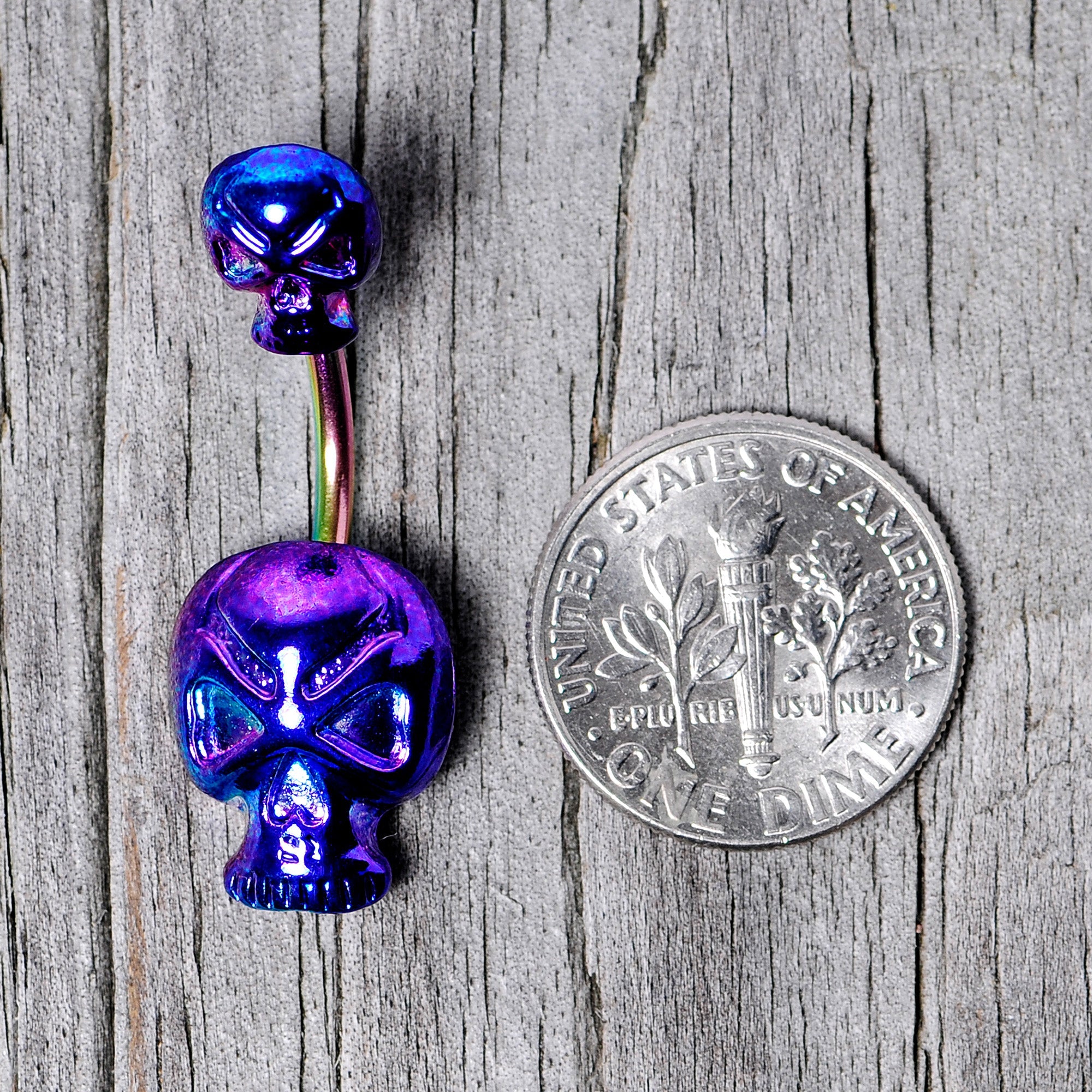 BodyCandy Rainbow Scary Double Skull Halloween Double Mount Belly Ring — color detail