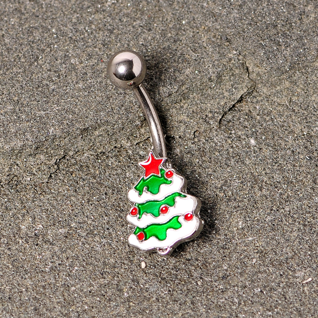 BodyCandy Green Red White Christmas Tree Holiday Belly Ring — lifestyle context