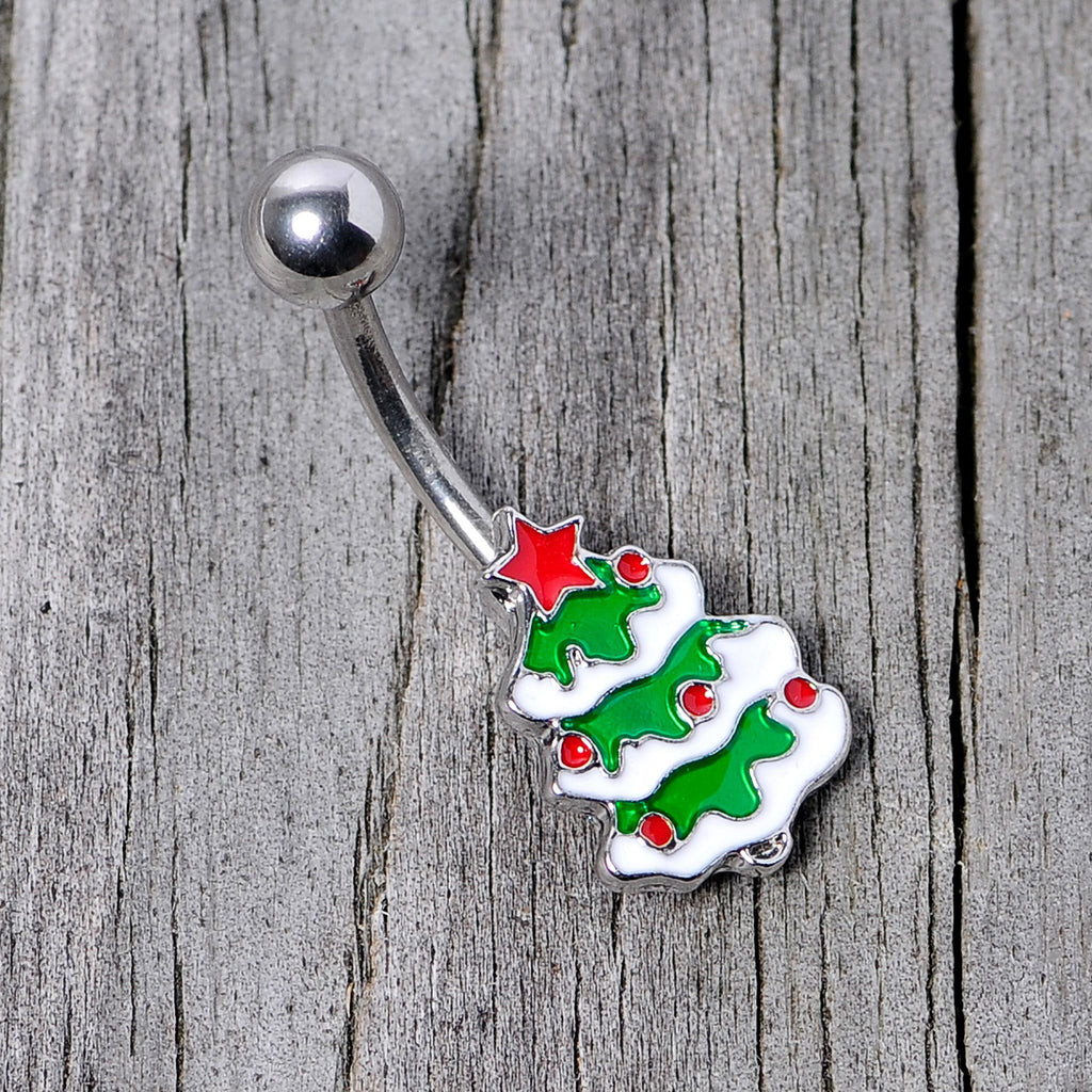 BodyCandy Green Red White Christmas Tree Holiday Belly Ring — side view