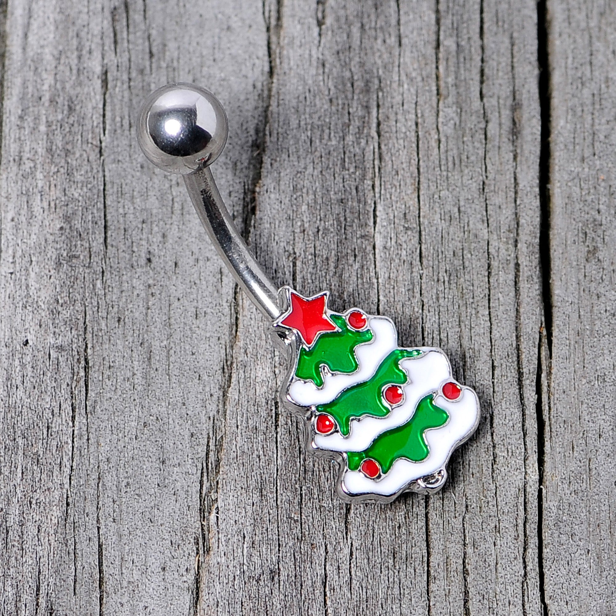 BodyCandy Green Red White Christmas Tree Holiday Belly Ring — side view