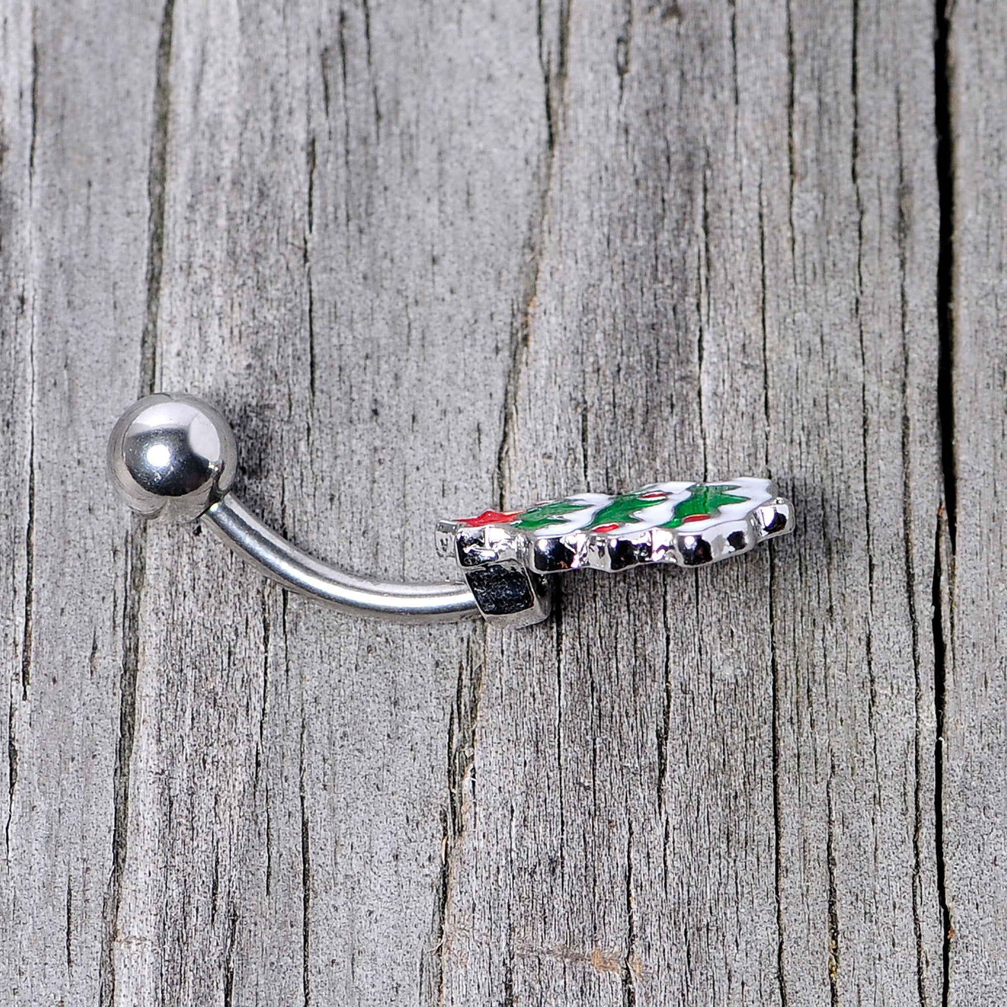 BodyCandy Green Red White Christmas Tree Holiday Belly Ring — back view