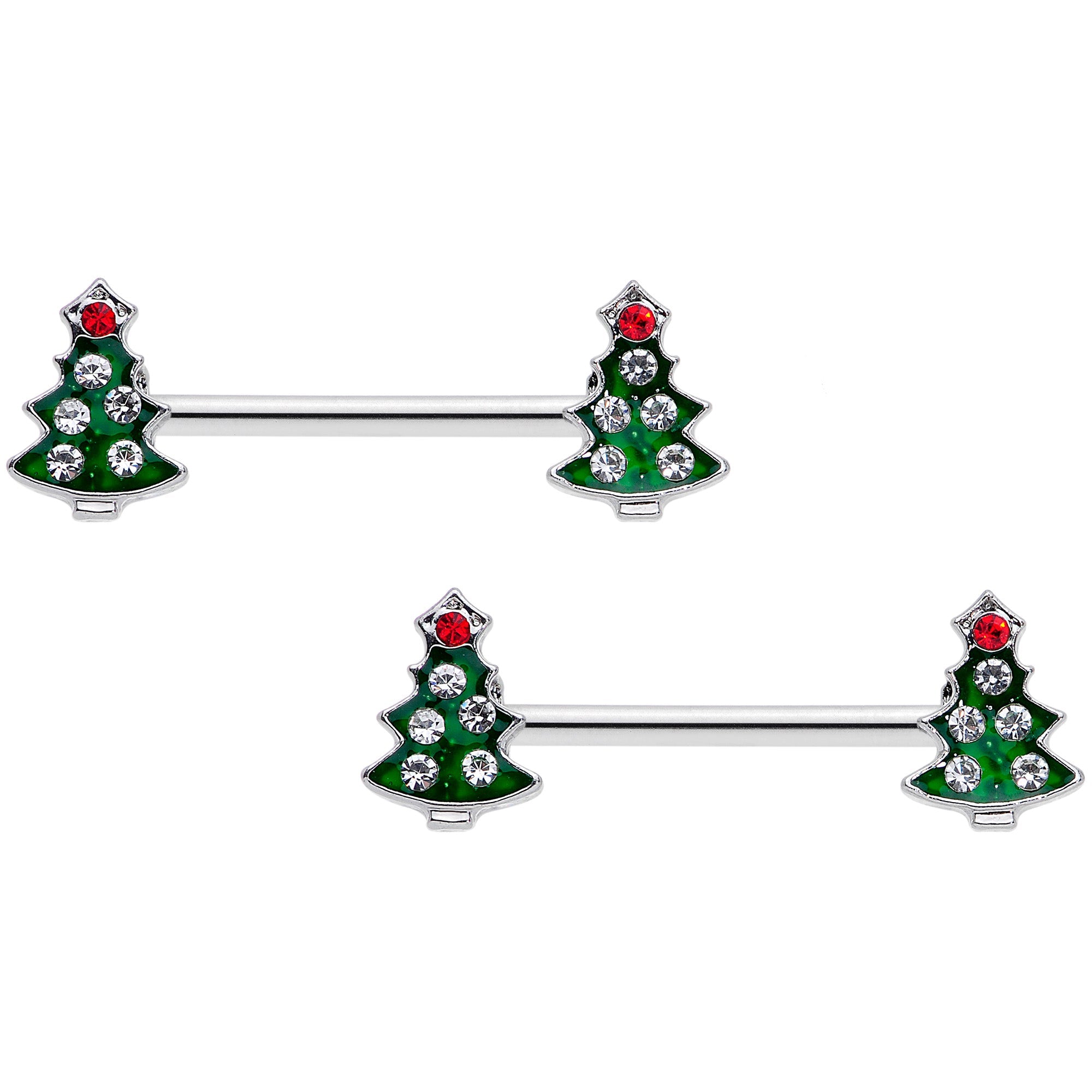 BodyCandy 14G 9/16 Clear Red Gem Christmas Tree Barbell Nipple Ring Set — main product shot