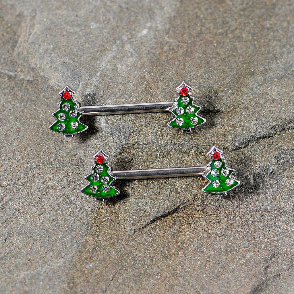 BodyCandy 14G 9/16 Clear Red Gem Christmas Tree Barbell Nipple Ring Set — side view