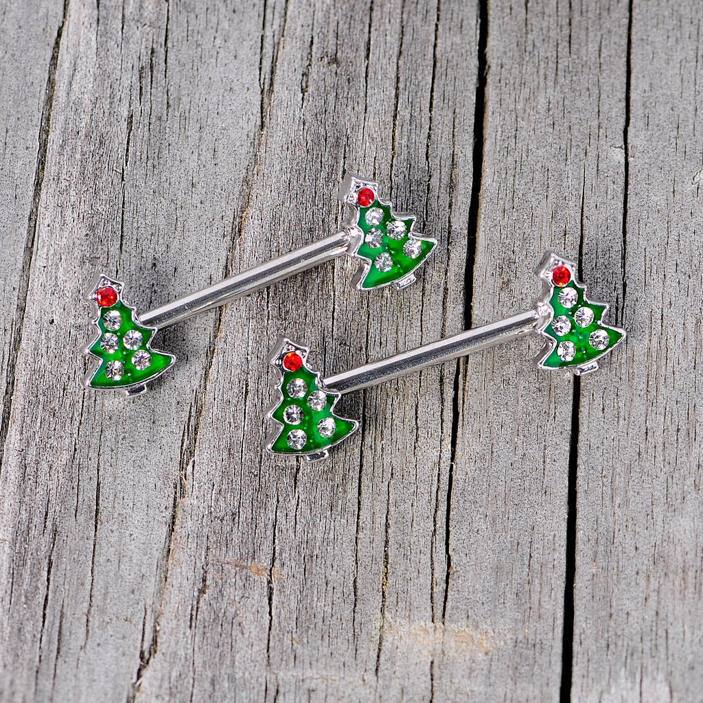 BodyCandy 14G 9/16 Clear Red Gem Christmas Tree Barbell Nipple Ring Set — back view